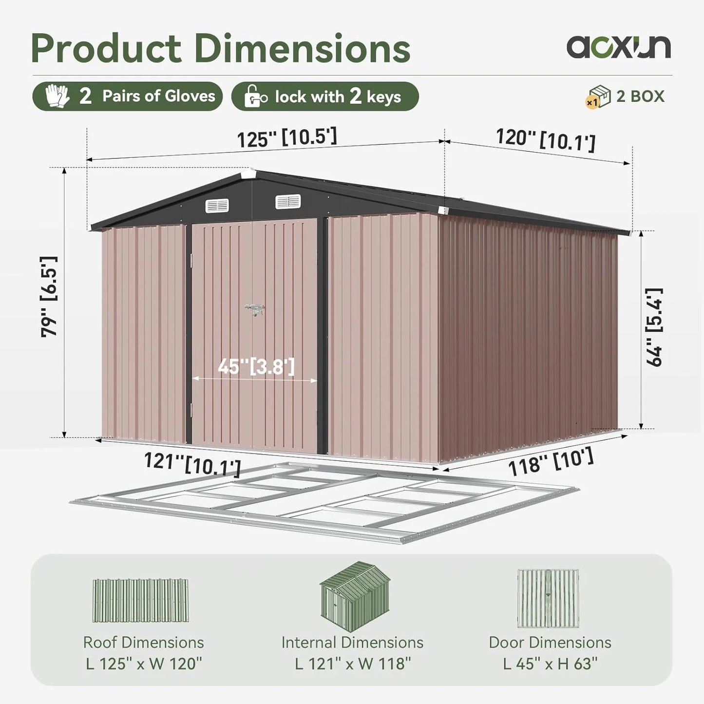 Aoxun 12x10 FT Shed Metal Outdoor Waterproof Storage Shed Steel Utility Garden Tool Shed with Door & Lock Outdoor Storage for Garden Patio Lawn Poolside, Brown