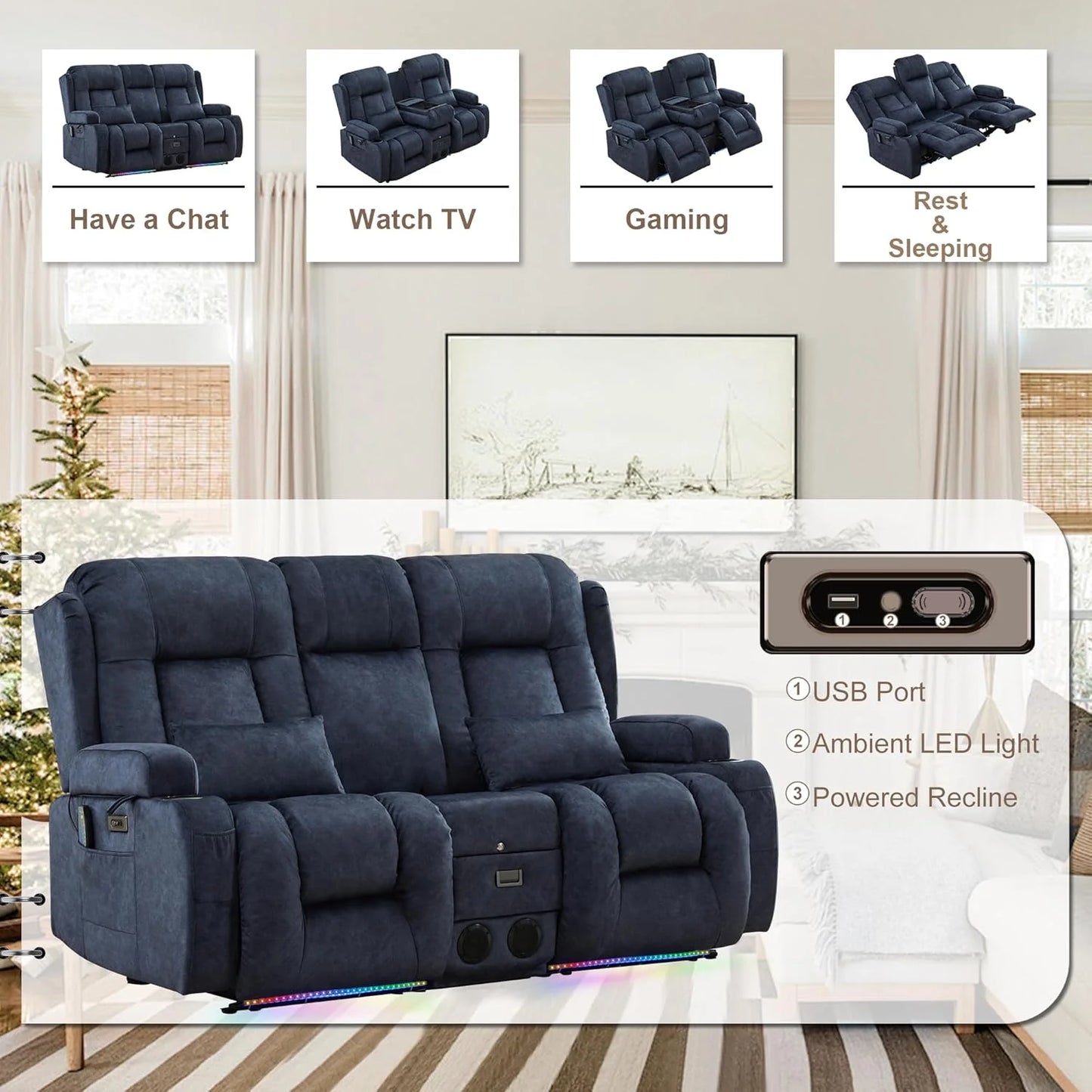 TUNYI Power Loveseat Recliner Sofa with Massage & Heat Home Theater Seating with Console Electric Recliner RV Sofa with USB/Outlet/Storage/Side Pocket/LED Light/Speaker (Brown, Loveseat)