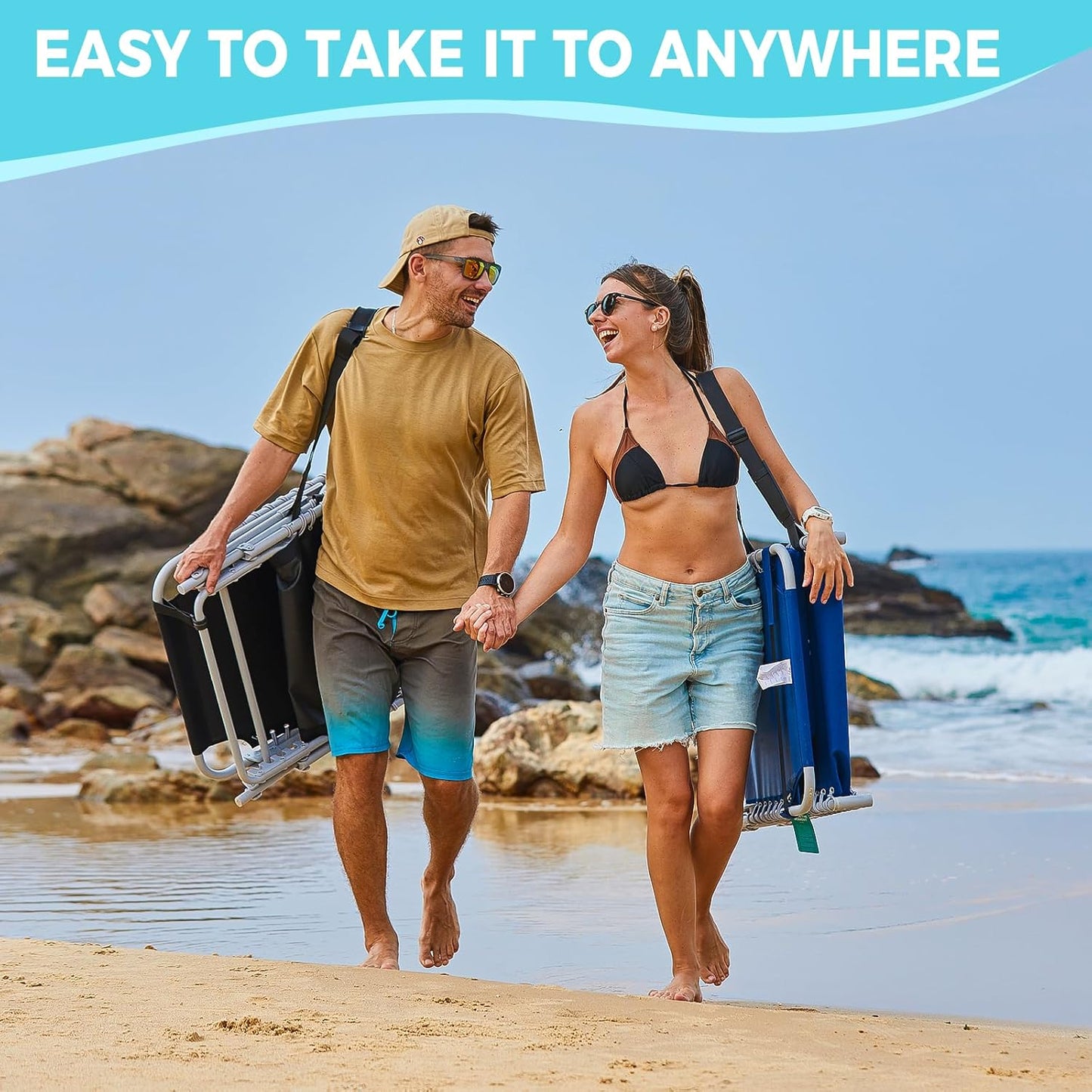 2 Pack Outdoor Chaise Lounge Chair - Portable Folding Patio Pool Lounge Chair, 5 Positions Adjustable Reclining Camping Chair with Side Table,Shoulder Strap, Pillow for Beach Sunbathing Lawn