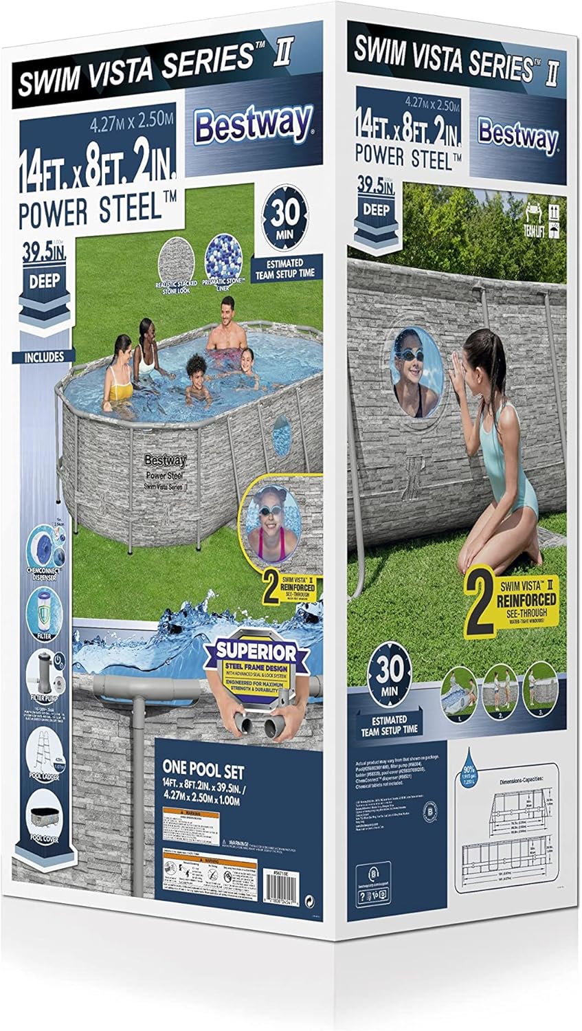 Power Steel 14' x 8'2" x 39.5" Oval Above Ground Pool Set | Includes 530gal Filter Pump, Ladder, ChemConnect Dispener