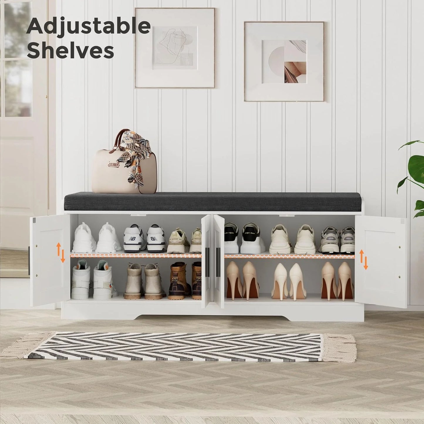 2-Tier Storage Bench, Shoe Bench with Thickened Padded Seat Cushion, Entryway Bench with 4 Doors, Adjustable Shelf