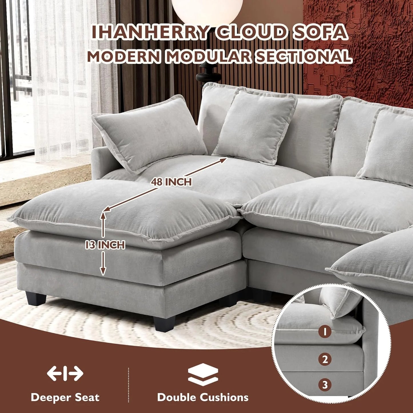 ihanherry 146-inch U-shaped modern sofa modular area cloud sofa