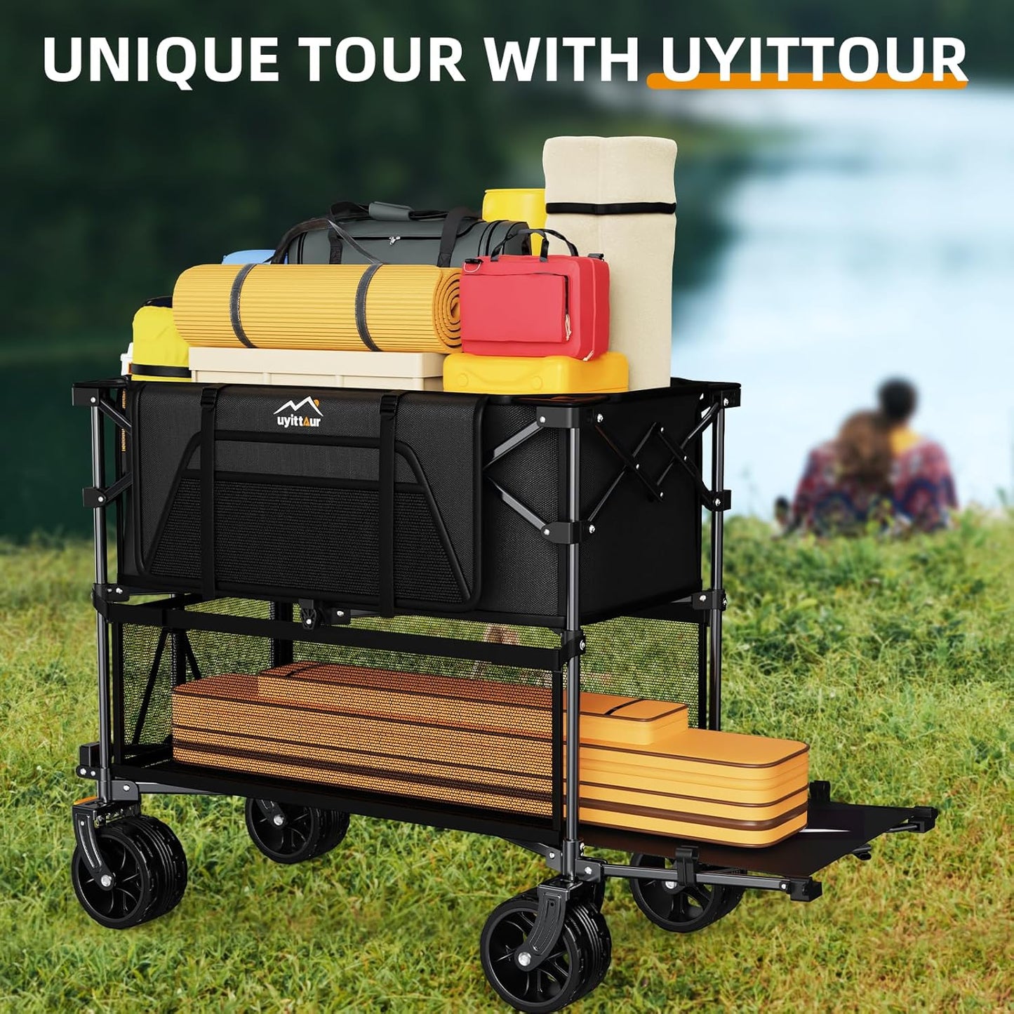 Foldable 50''L Extra Long Double Decker Wagon for Sport, 400L Collapsible Heavy Duty Wagon Cart with Big Wheels, Utility All-Terrain Large Extender Cart for Outdoors