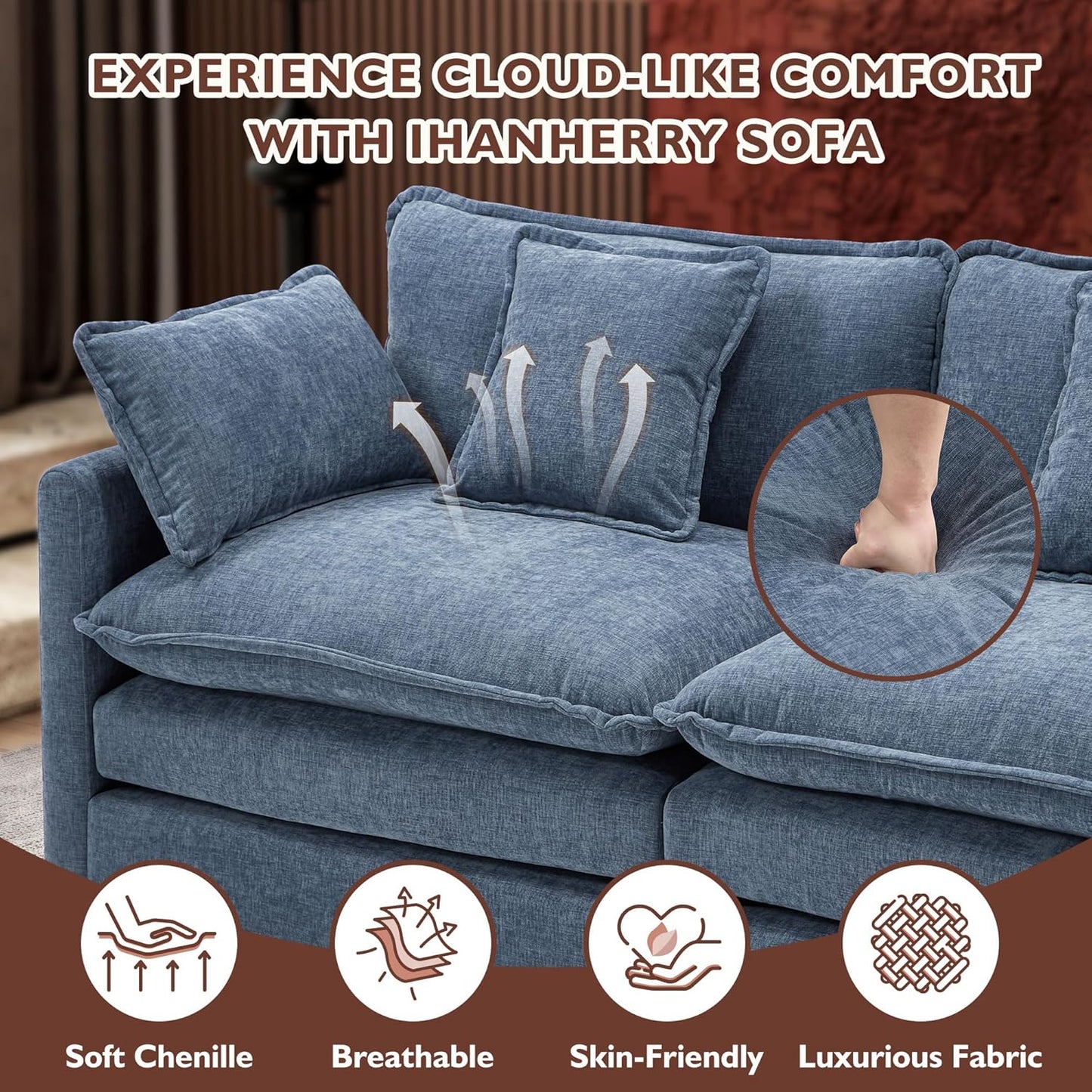 111.4 Inch L-Shaped Modern Sofa Modular Cloud Sofa with Ottoman, 4-Seater Chenille Deep Seat Sofa with Pillows for Living Room, Bedroom and Apartment, Beige