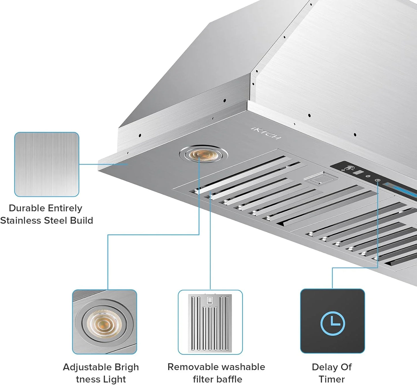 IKTCH 30" Built-in/Plug-in Range Hood 900 CFM, Ducted/Ductless Convertible Ducted, Stainless Steel Kitchen Range Hood