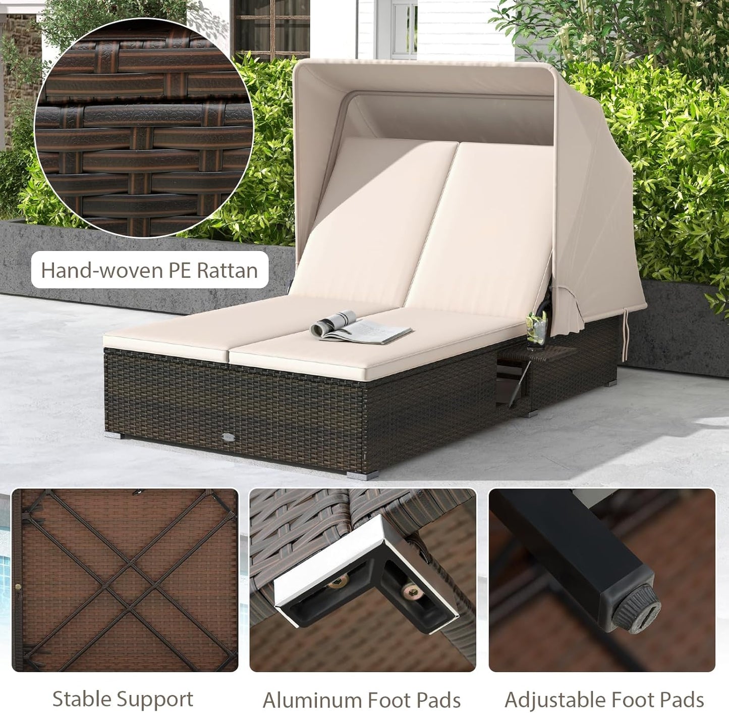 RELAX4LIFE Outdoor Daybed with Retractable Canopy - Wicker Double Chaise Lounge w/6-Position Backrest, 2 Folding Side Trays & Cushions, 2-Seater Loveseat Sunbed for Backyard, Rattan Patio Bed Lounger