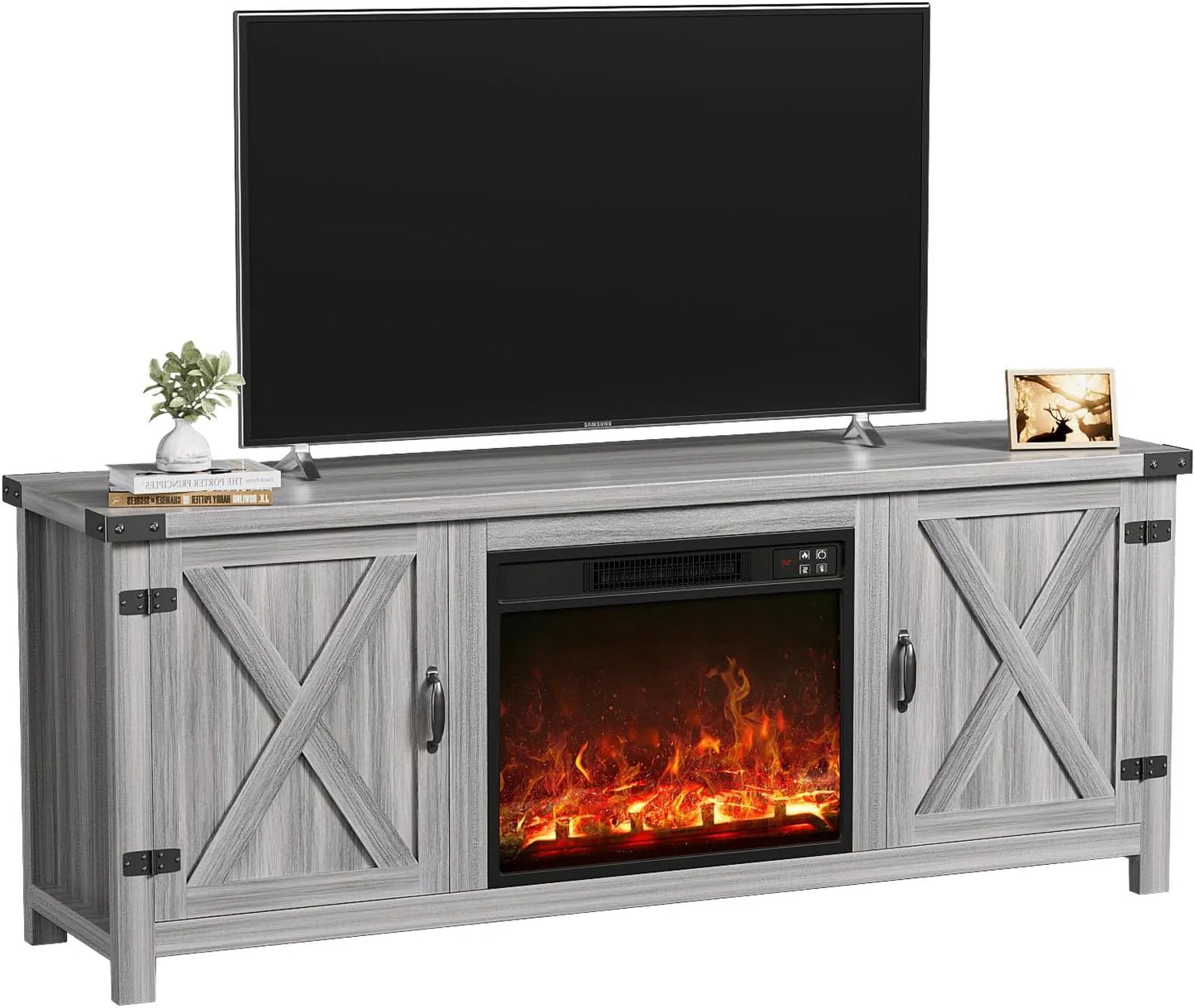 YESHOMY Fireplace TV Stand with Two Barn Doors and Storage Cabinets for Televisions up to 65+ Inch, Entertainment Center Console Table, Media Furniture for Living Room, 58 Inch