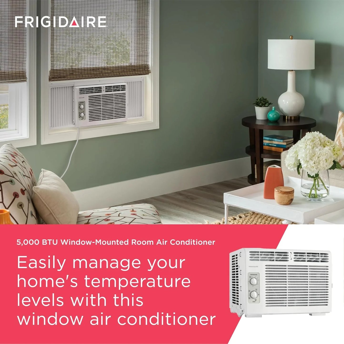 Frigidaire 5,000 BTU Window Air Conditioner with Remote Control, Cools Up to 150 Sq. Ft., Quiet Operation, Eco Mode, 3 Fan Speeds, Auto Restart, White