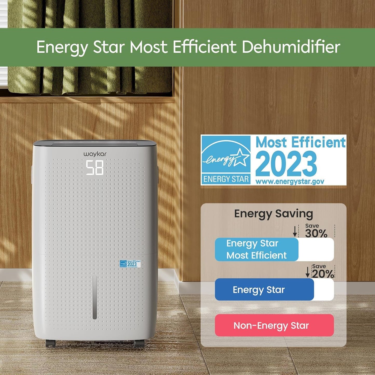 Waykar 2000 Sq. Ft Dehumidifier for Home and Basements, with Auto or Manual Drainage, 0.66 Gallon Water Tank Capacity