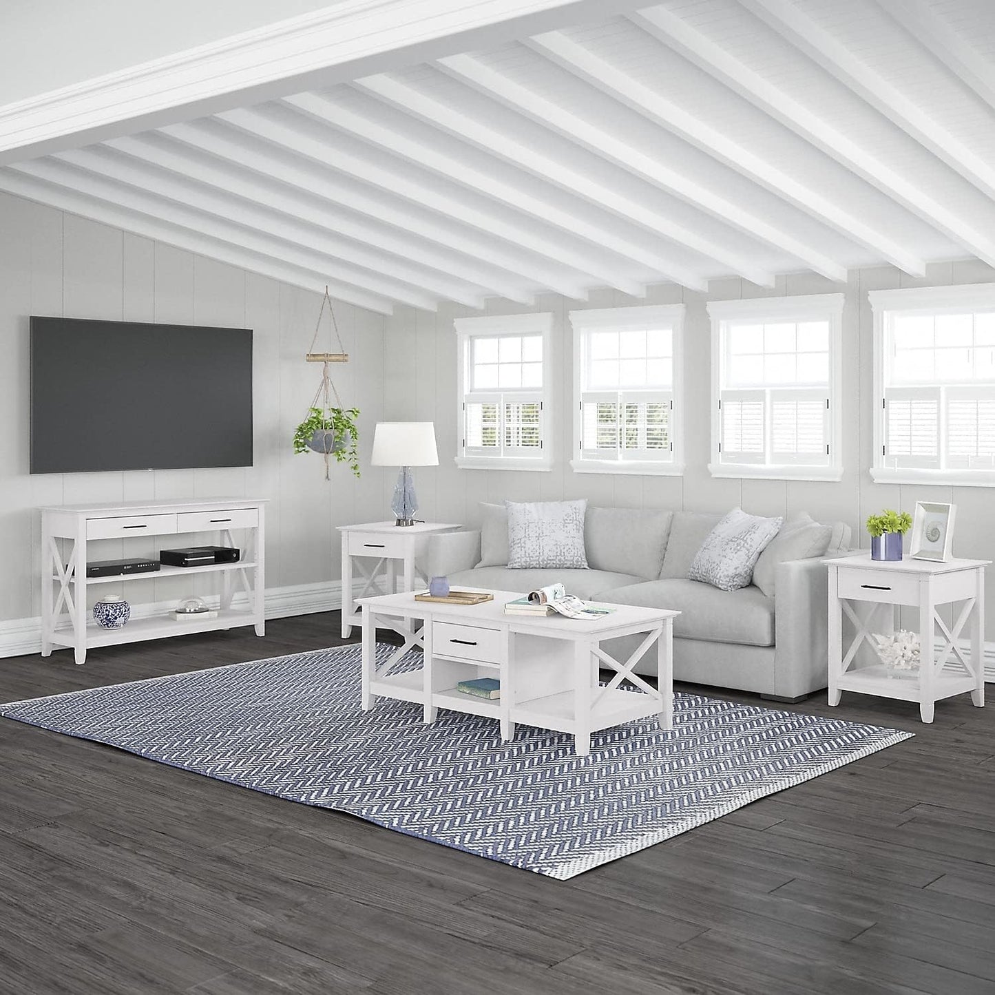 Key West Console Table with Drawers and Shelves in Linen White Oak