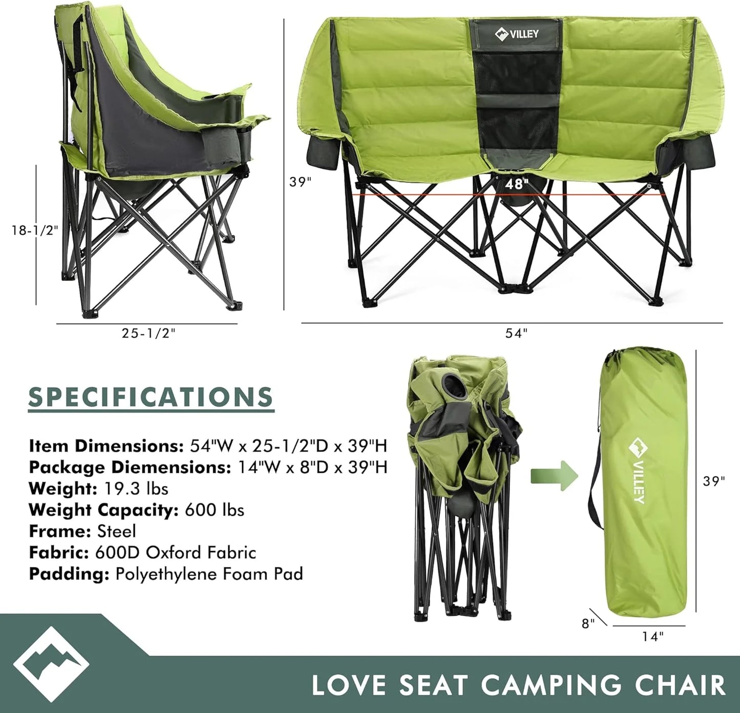 Double camping chair (with cooler bag), extra wide love seat, heavy duty padded camping sofa, portable folding chair