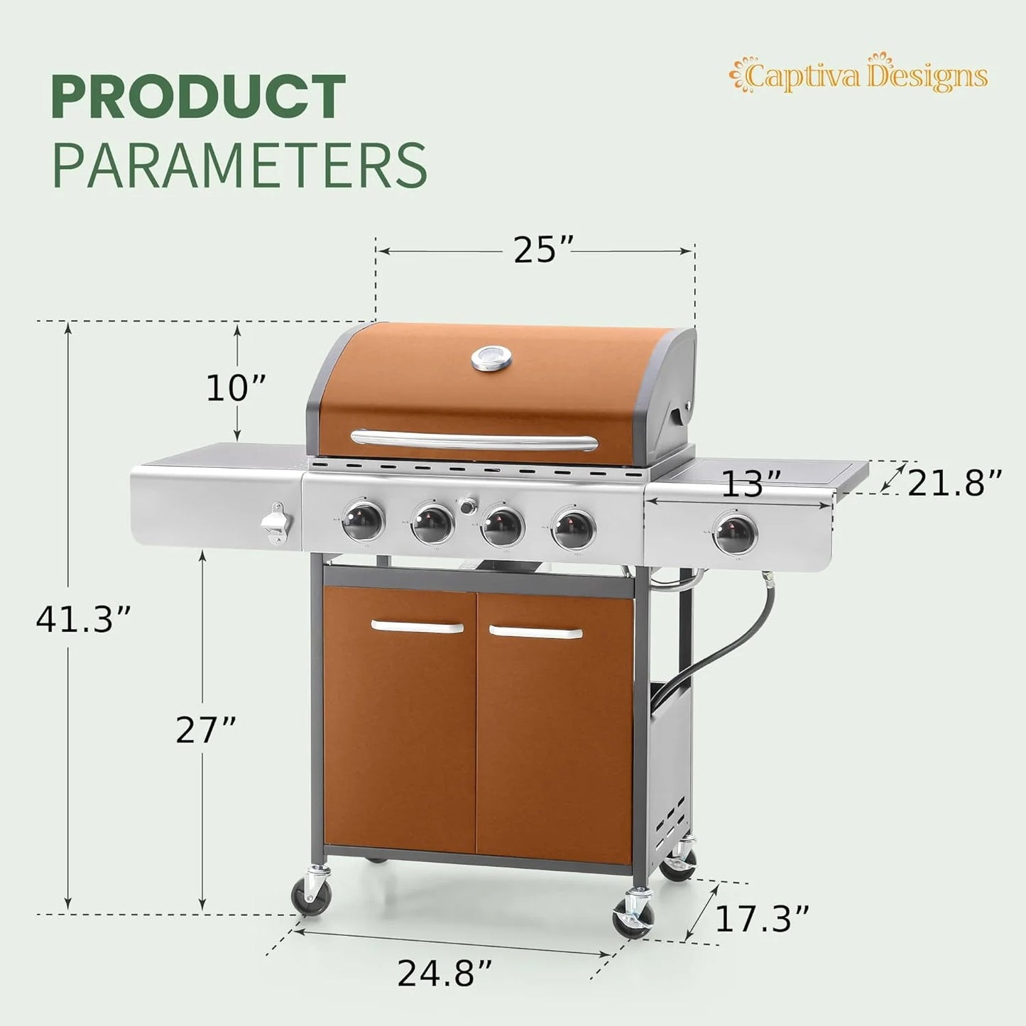 Captiva Designs 4-Burner Propane Gas BBQ Grill with Side Burner & Porcelain-Enameled Cast Iron Grates, 42,000 BTU Output Stainless Steel Grill for Outdoor Cooking Kitchen and Patio Backyard Barbecue