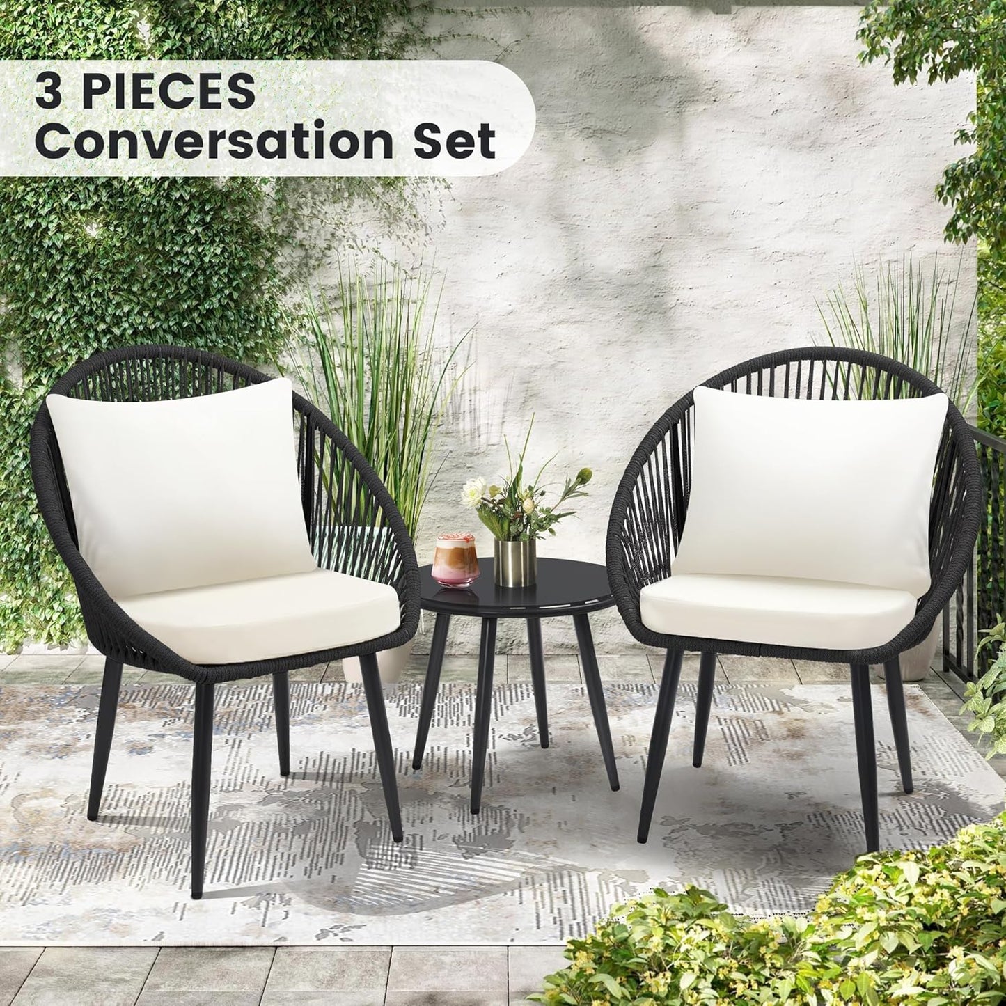 3 Piece Bistro Set, Woven Rope Chair with Cushions, All Weather Patio Conversation Set with Side Table, Ideal for Deck, Balcony, Poolside, Black