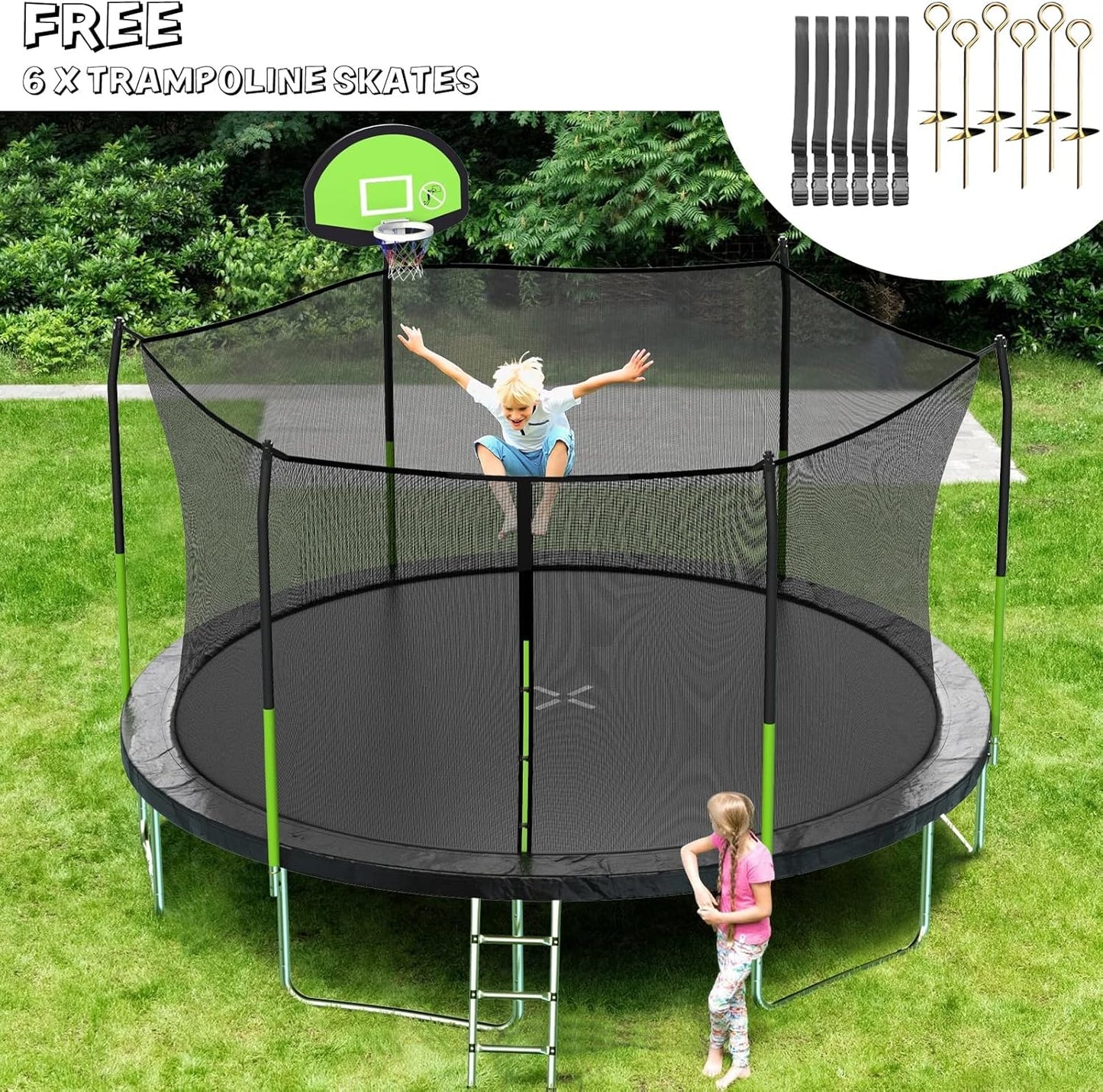 AOTOB 8FT 10FT 12FT 14 FT 15FT Trampoline with Safety Enclosure Net，Outdoor Trampoline with Basketball Hoop, Heavy Duty Jumping Mat and Spring Cover Padding for Kids and Adults, Storage Bag and Ladder