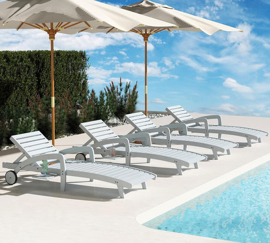 Pool Chaise Lounge Chairs Set of 4 5-Position Adjustable Outdoor Patio Lounge Chairs Wood Reclining Chaise Lounger Chair with Pullout Side Table