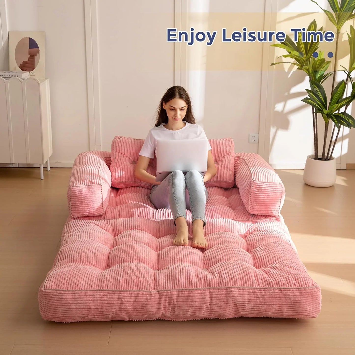 Folding Sofa Bed, L-Shaped Convertible Sofa Bed with Armrests and Pillows,