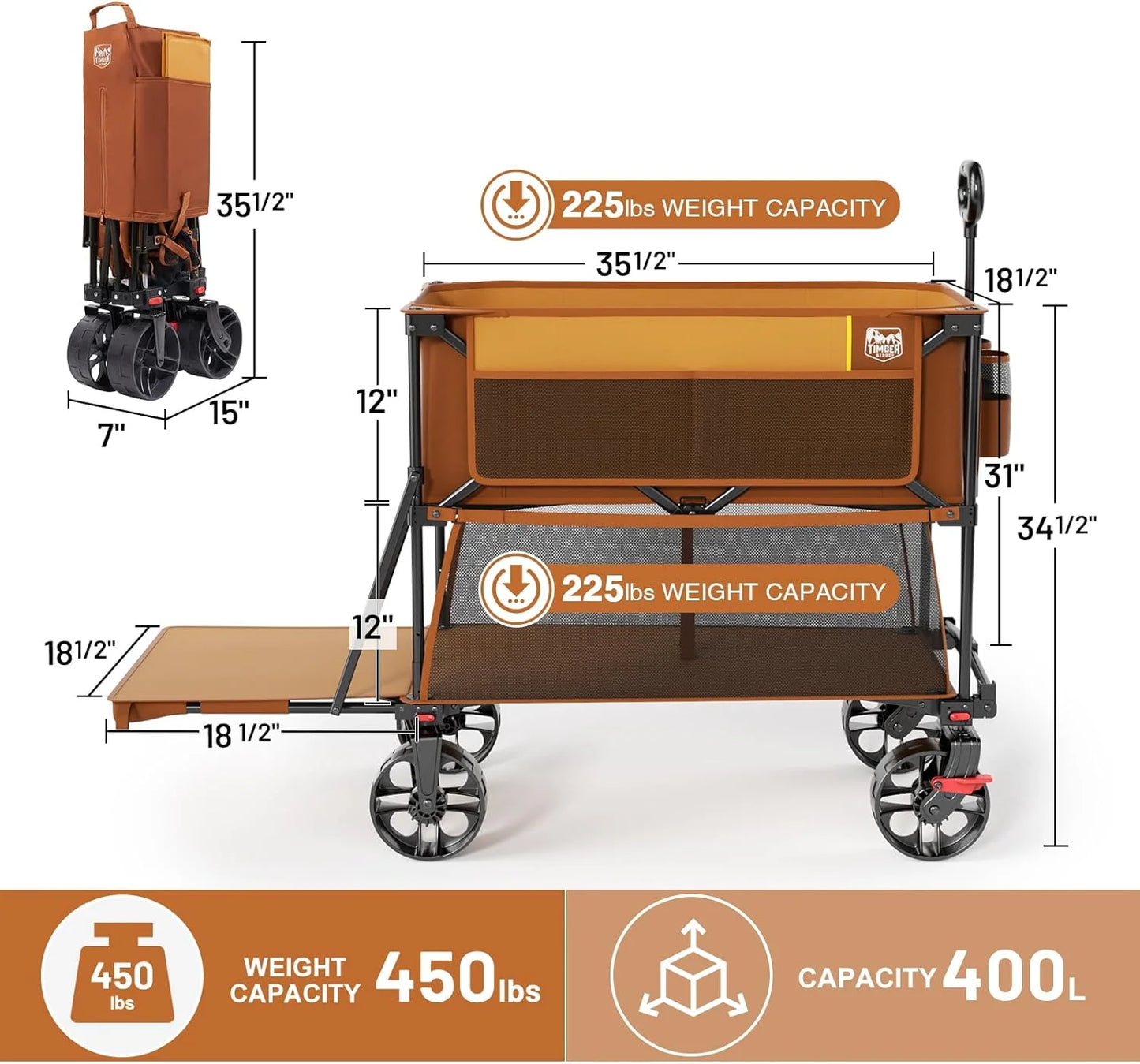 400L Large Capacity Folding Double Decker Cart with Brakes, 54 Inch Extra Long Extended Cart, 450 Pounds Heavy Duty Folding Cart