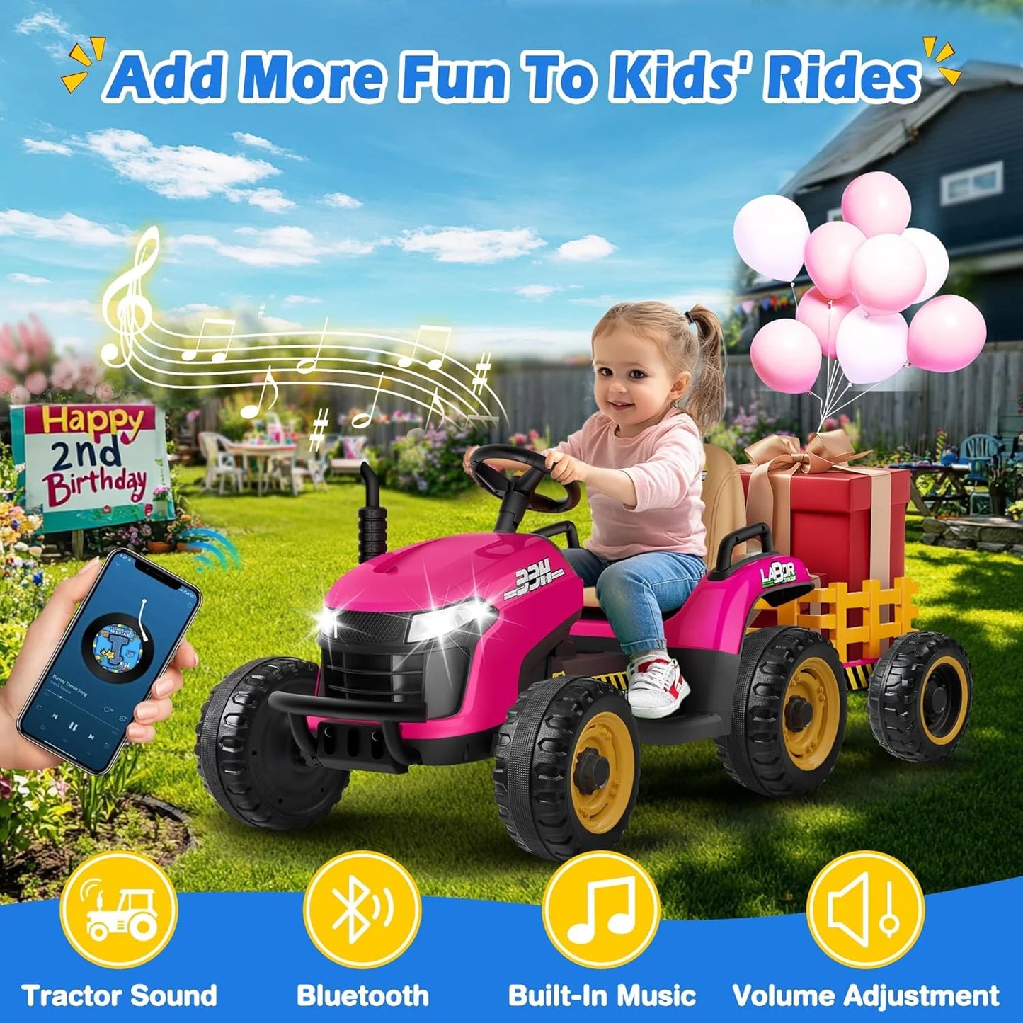 24V Ride On Tractor w/Tiltable & Detachable Trailer, 2x65W Motors, EVA Tires, Remote Control, Bluetooth, Shifter, Music, Electric Car for Kids, Green