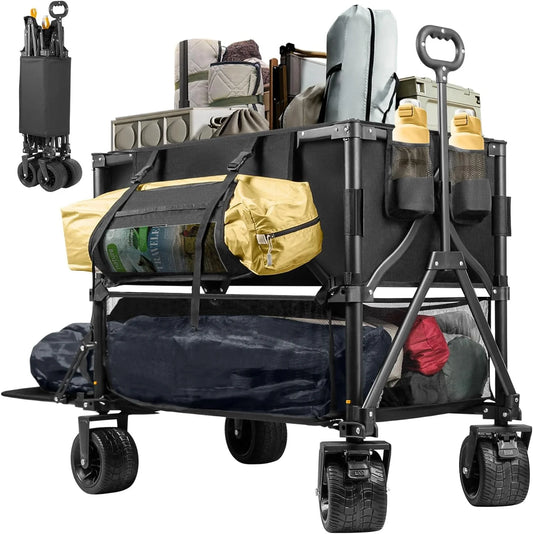 Double Decker Wagon 600lb Capacity & 400L Collapsible Sports Wagon with Big Wheels 54" Extended Utility Folding Cart