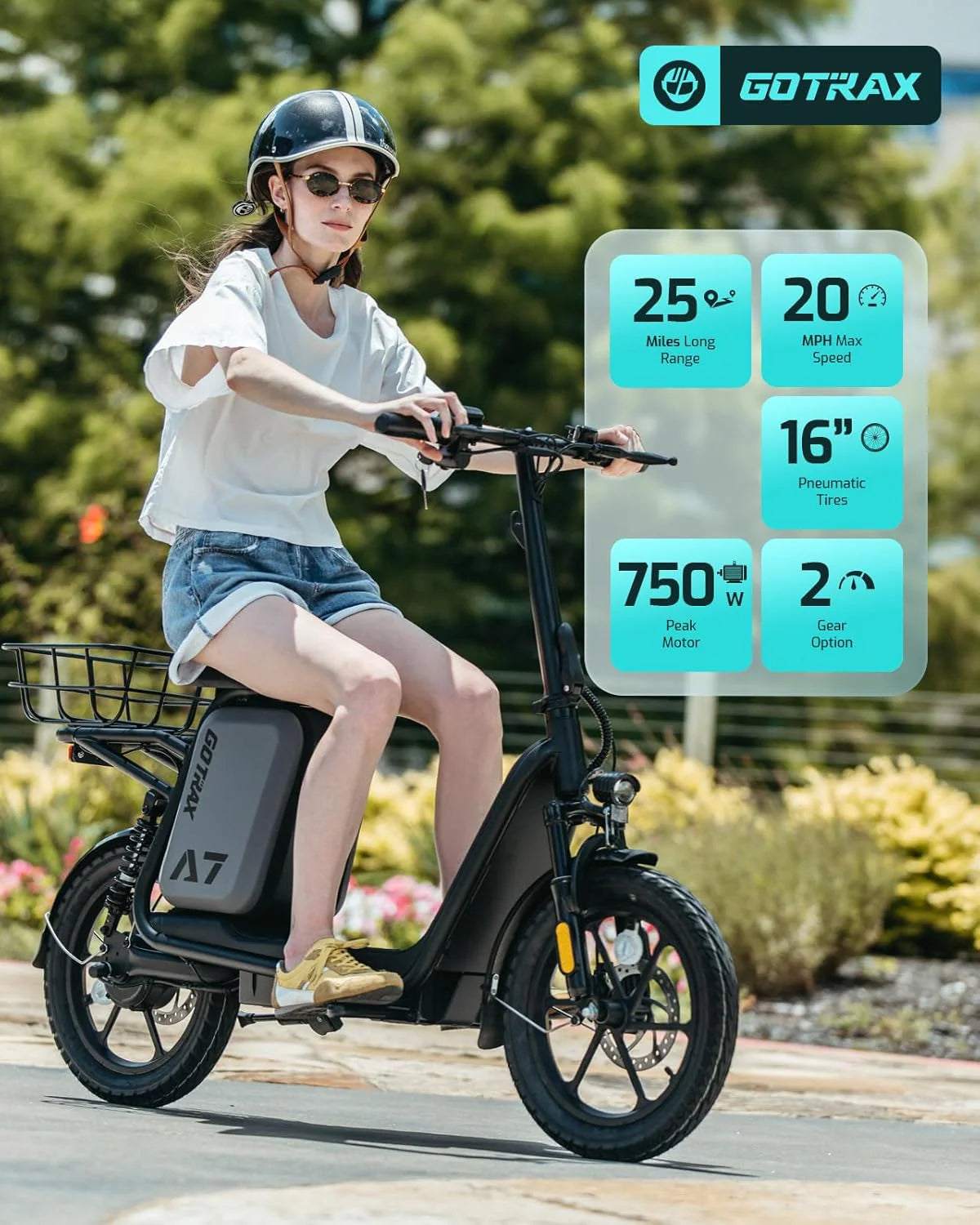 Gotrax adult electric scooter with seat, maximum range of 19-25 miles, all-terrain tires, wide pedals, padded seat, and carrycot