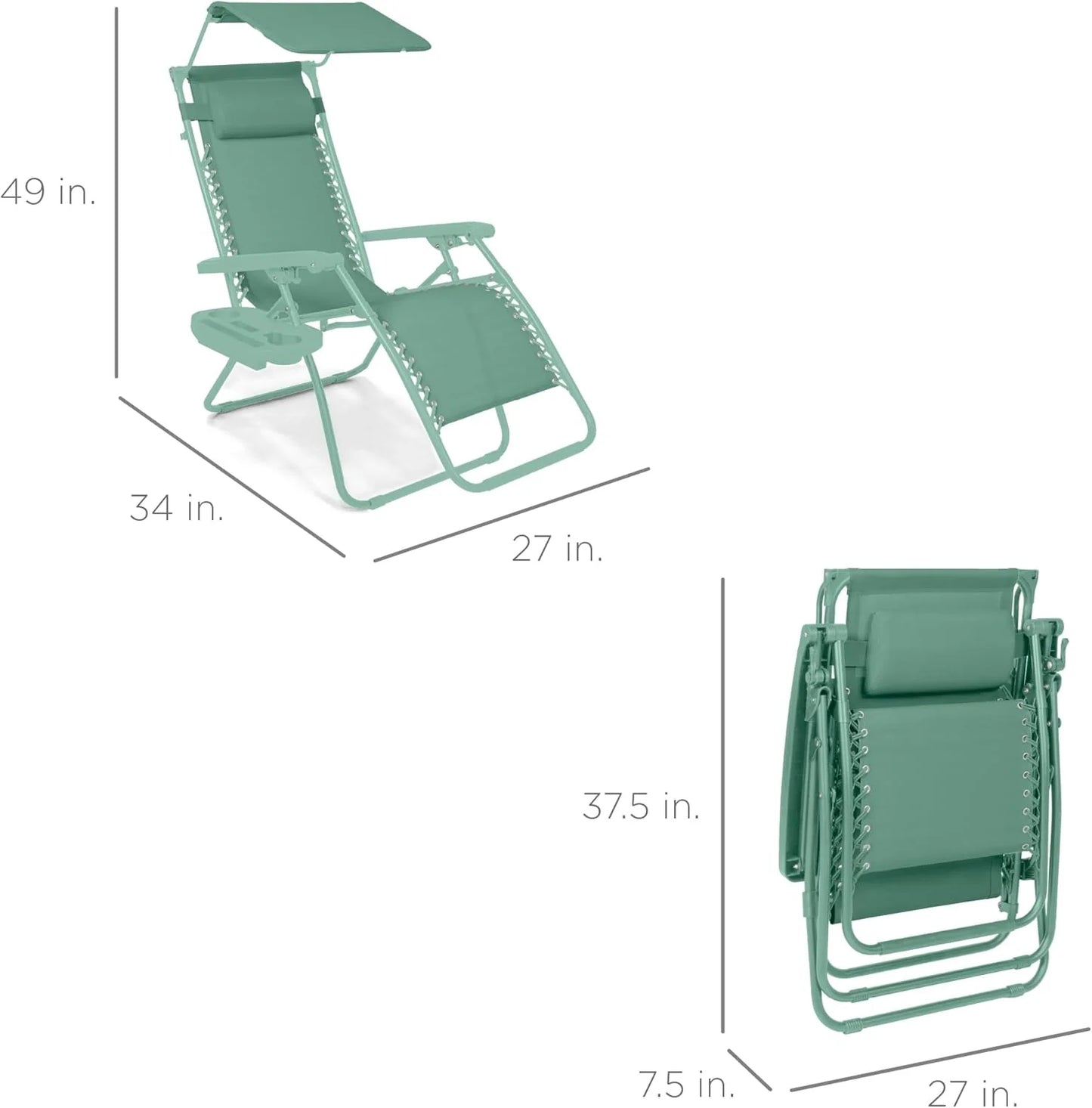 Best Choice Products Folding Zero Gravity Outdoor Recliner Patio Lounge Chair w/Adjustable Canopy Shade, Headrest, Side Accessory Tray, Textilene Mesh - Peacock Blue