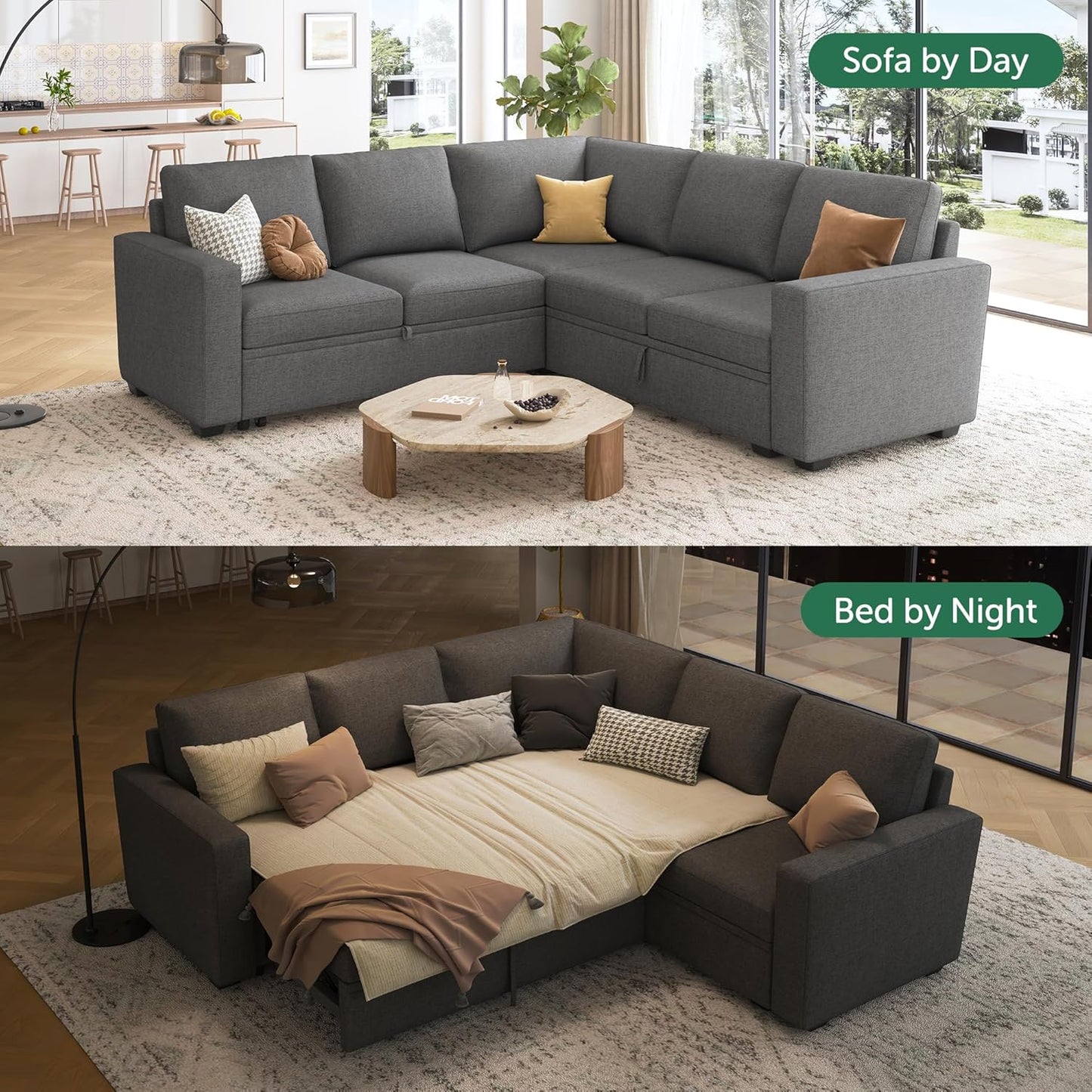 HONBAY Modular Sectional Sleeper Sofa with Pull Out Bed, L Shaped Couch with Storage Seat, Convertible Sectional Couches for Living Room