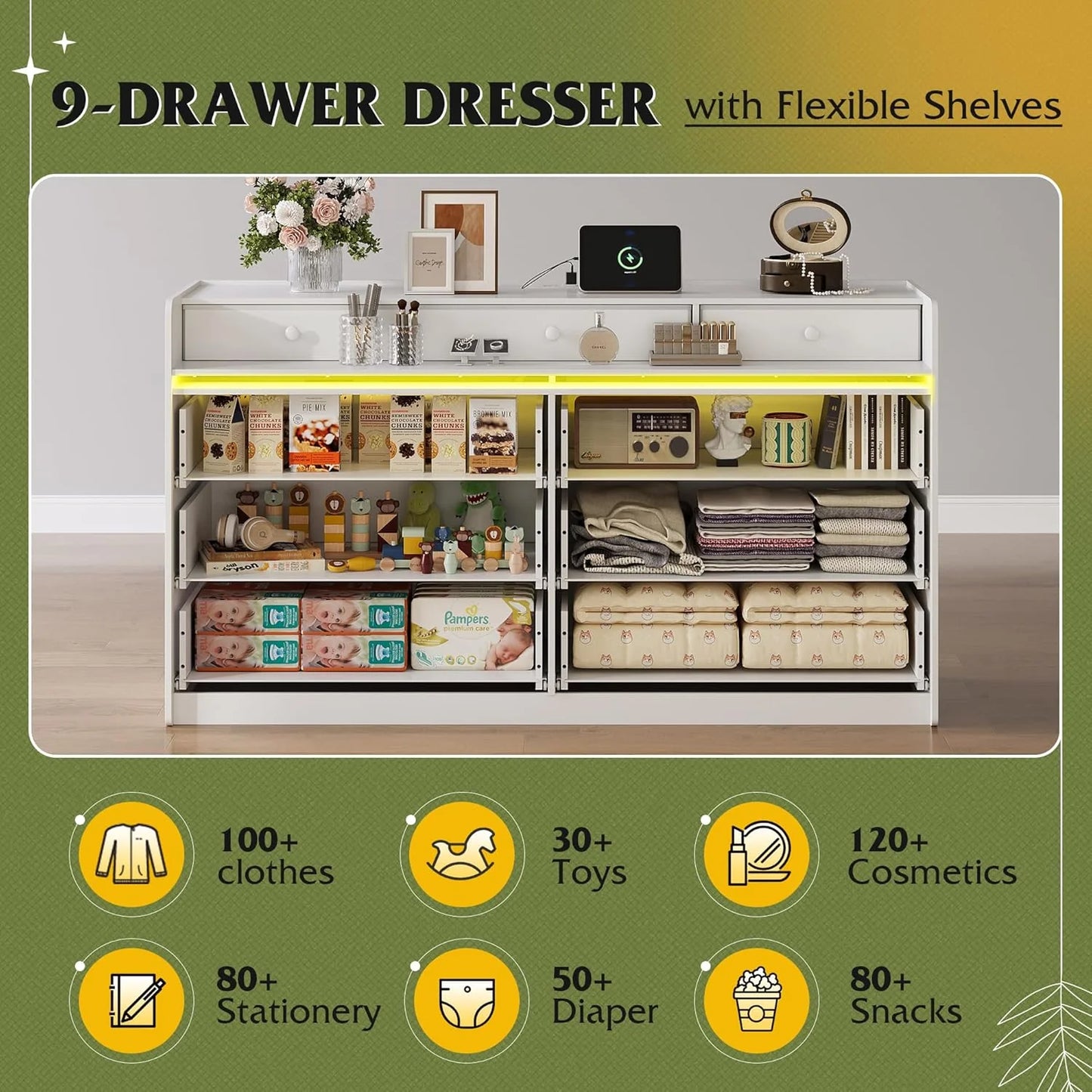 9 Drawer Led Dresser for Bedroom, 58.35'' Wide Wood Dresser Storage Organizer with Power Outlets for 65'' TV, Dressers with Open Shelves