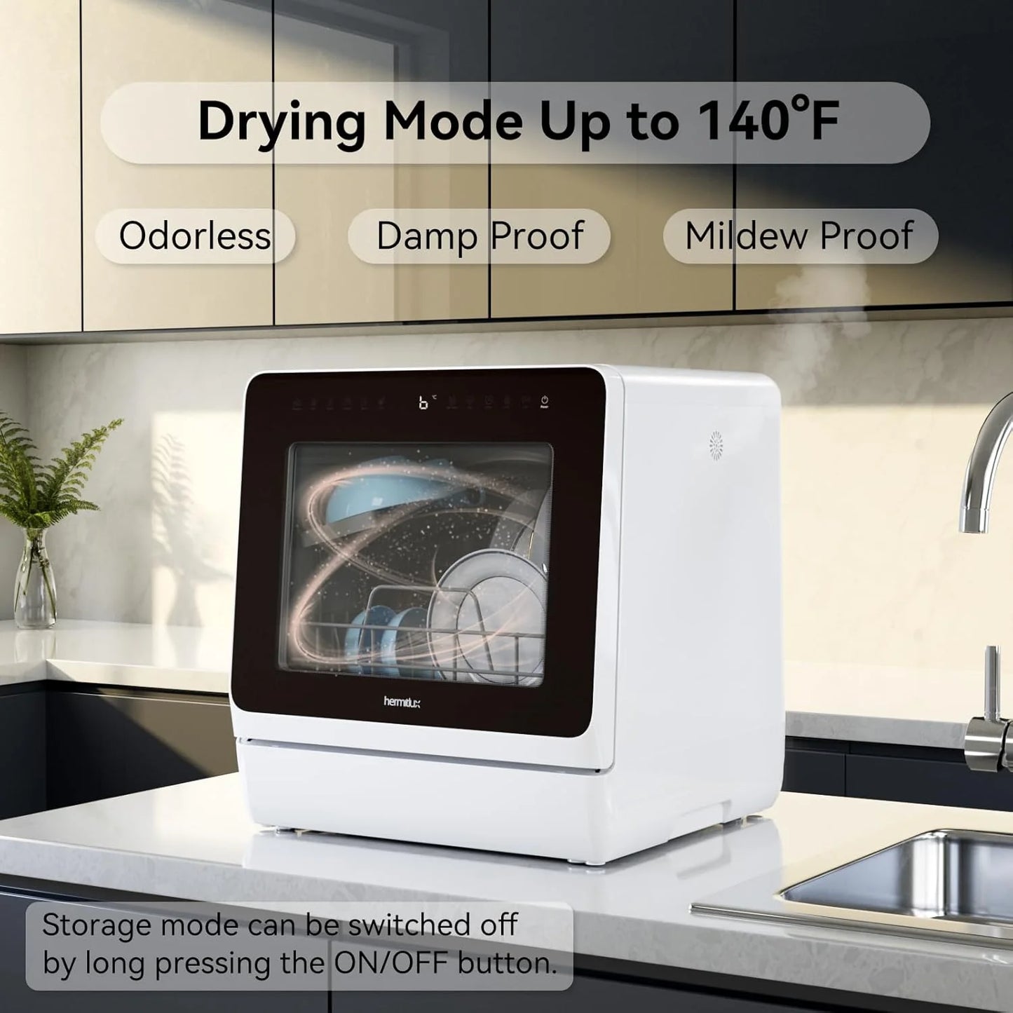 Hermitlux tabletop dishwasher, 7 wash programs, portable mini dishwasher