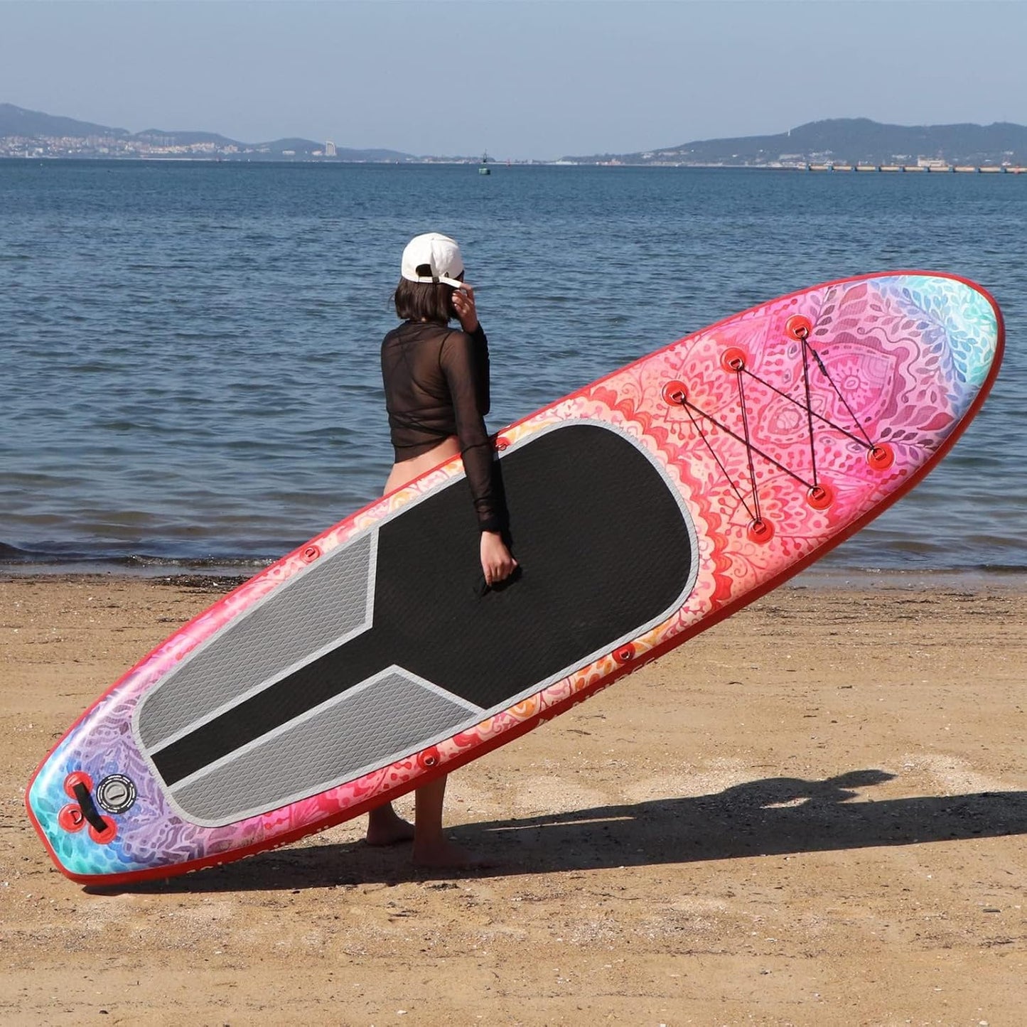 Inflatable wide SUP board with SUP carrying bag, hand pump, 10L waterproof bag and adjustable paddle