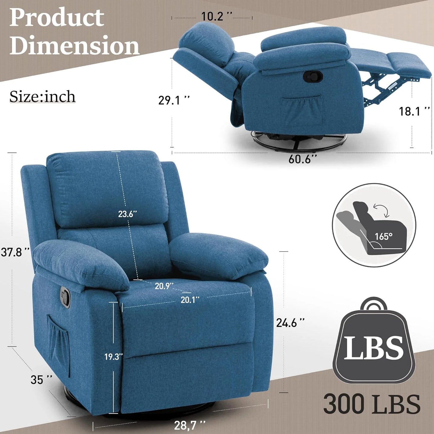 Reclining rocking chair 360 degree rotating fabric sliding reclining chair