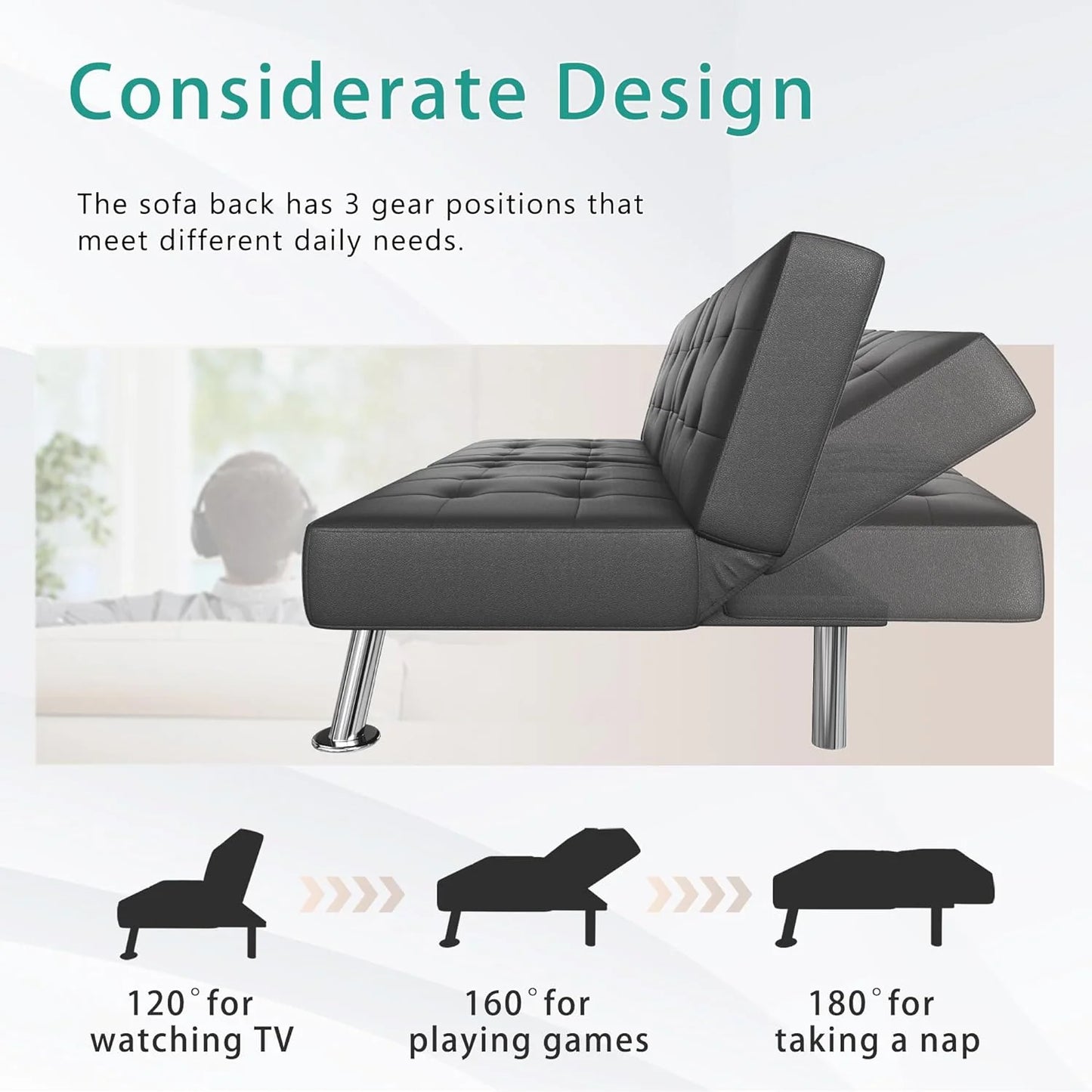 Flamaker Futon Sofa Bed Modern Folding Futon Set Convertible Recliner Lounge for Living Room with 2 Cup Holders, Removable Armrests (PU Leather, Black)