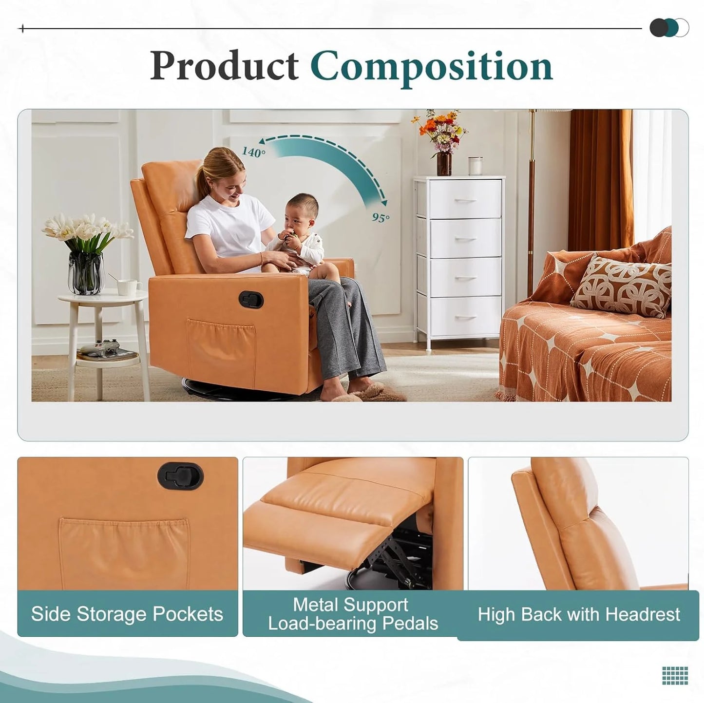 Swivel high-back rocking chair with footrest, padded glider baby chair with comfortable deep seat