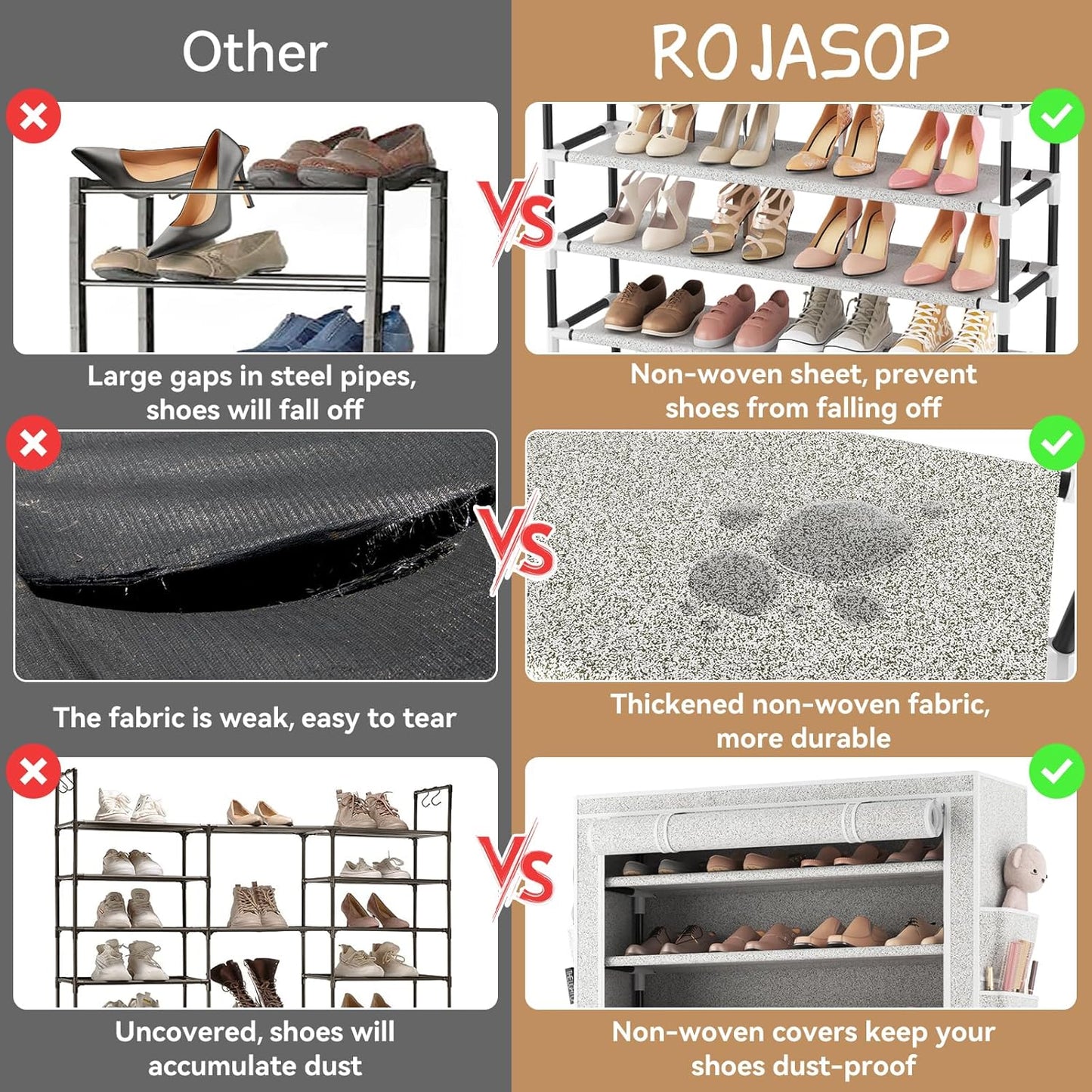 ROJASOP 10 Tier Shoe Rack with Covers,Large Capacity Stackable Tall Shoe Shelf Storage to 50-55 Pairs Shoes and Boots Sturdy Metal Free Standing Shoe Rack Organizer for Closet Entryway Garage