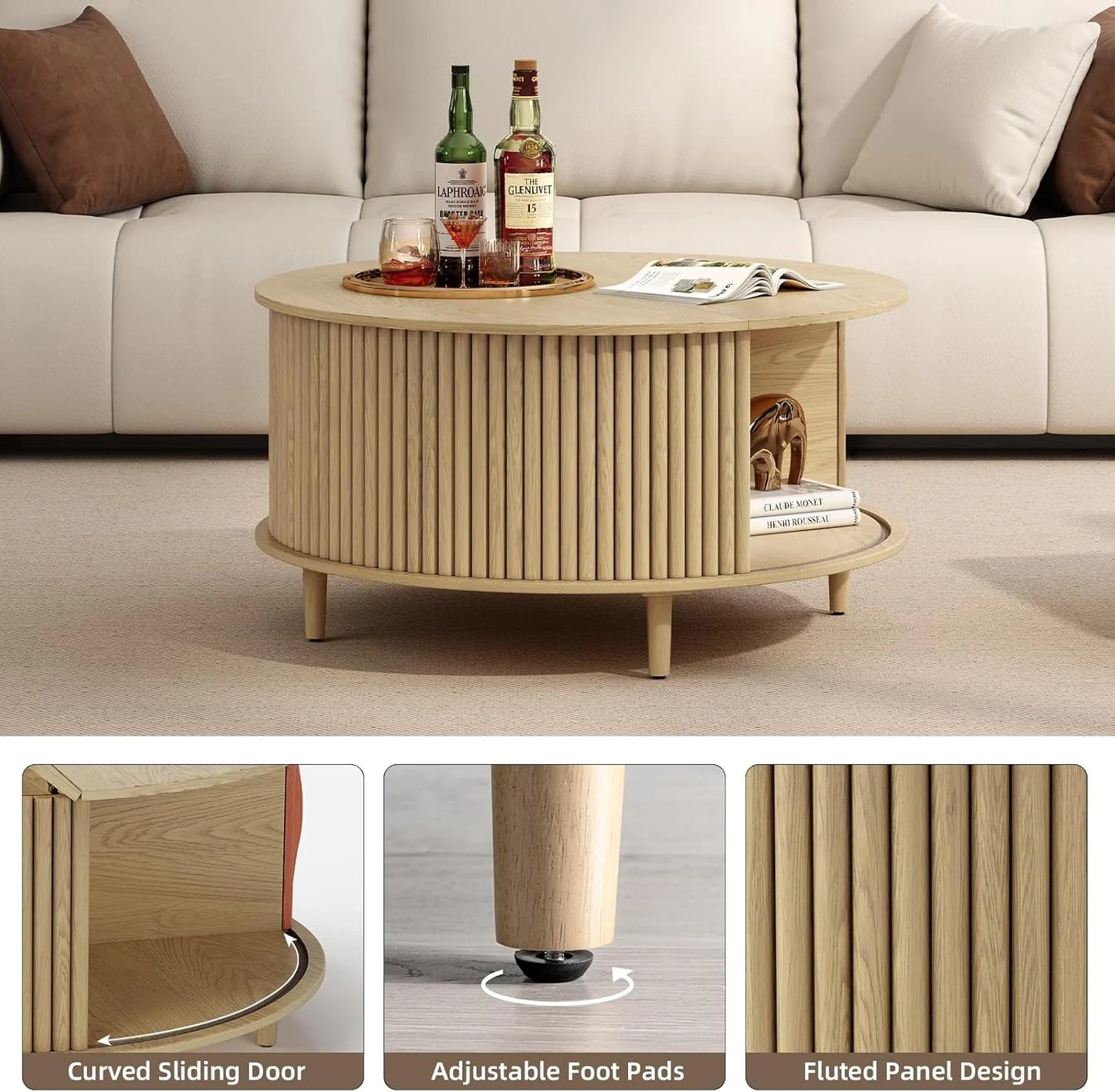 Round Coffee Table with Storage,Fluted Center Table with Sliding Cabinet Door for Living Room,Home Small Space,31.5" Small Center Table,Walnut