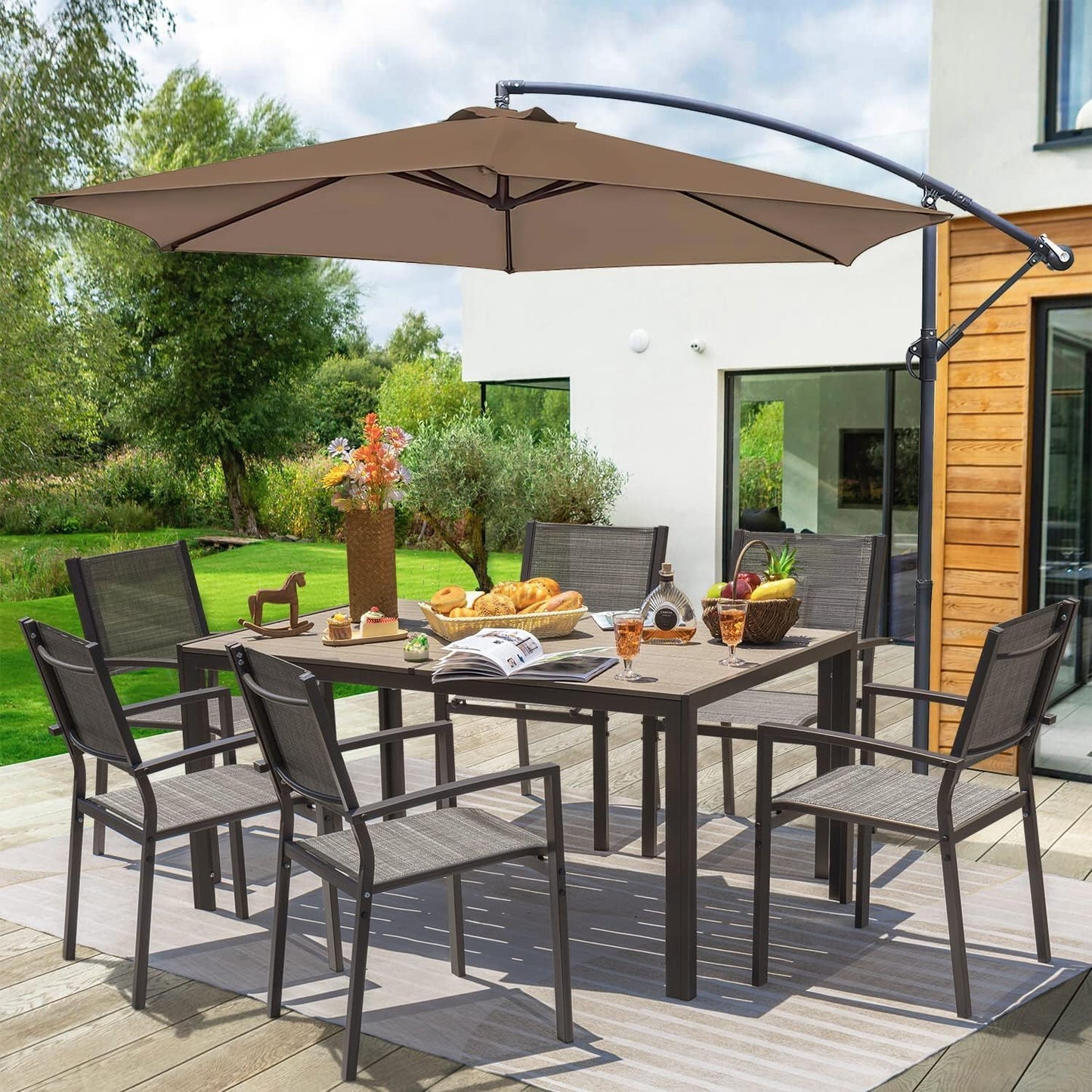 Homall Patio Dining Set 7 Pieces Outdoor Furniture with Large Table and 6 Textilene Chairs for Porch, Brown