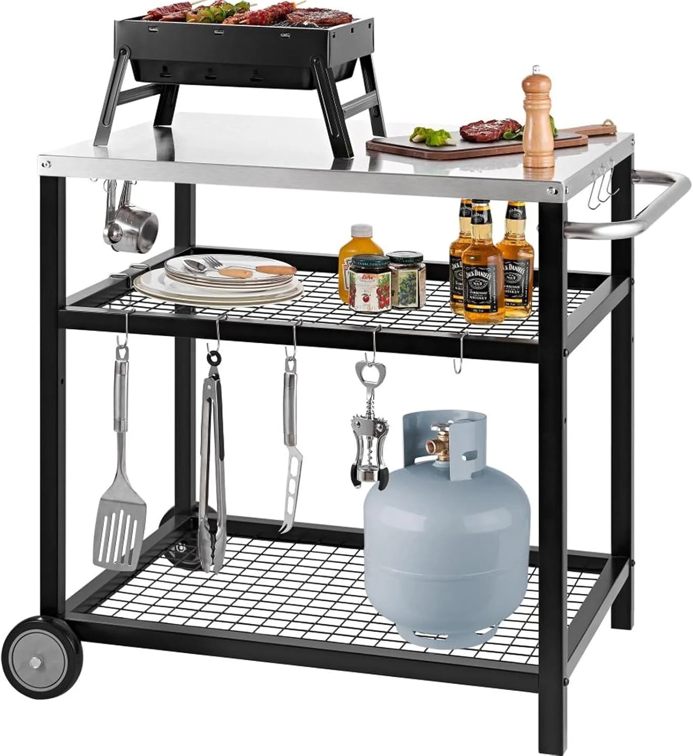 Stainless Steel Outdoor Grill Cart Pizza Oven Stand Trolley Table with Wheels Three-Shelf Movable Food Prep and Work Table Heavy Duty Grill Carts Outdoor Cart 31.5"×24"×35.5"