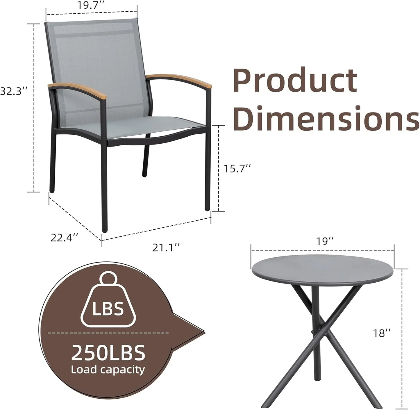 Shintenchi 3 Pieces Patio Bistro Sets, Outdoor Textilene Fabric Conversation Bistro Set, Textilene Fabric Front Porch Chairs Small Patio Furniture Set with Table for Lawn,Garden,Balcony (Black)