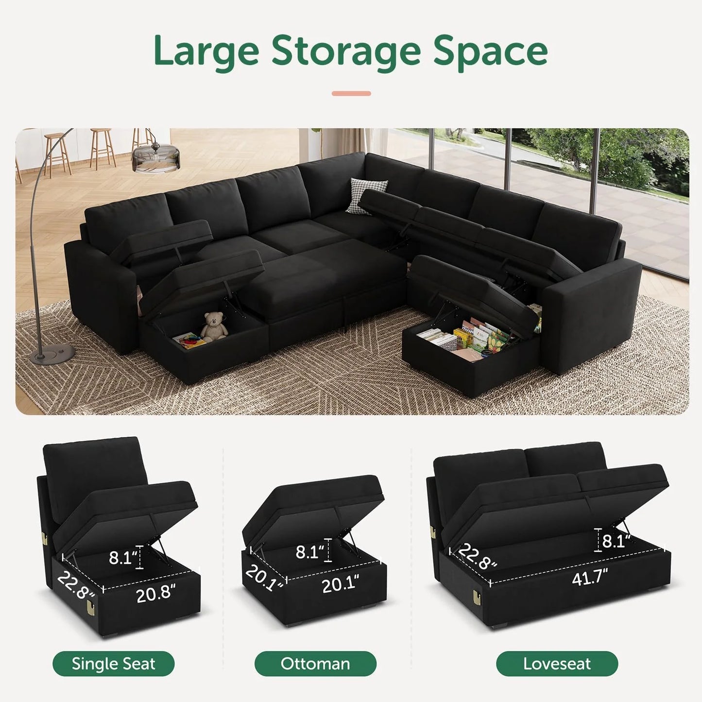 HONBAY Modular Sectional Sleeper Sofa with Pull Out Bed, L Shaped Couch with Storage Seat, Convertible Sectional Couches for Living Room