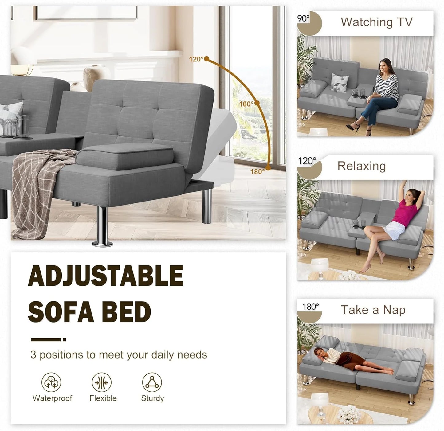 Shahoo Modern Linen Upholstered Convertible Folding Futon Sofa Bed with Removable Armrests, Metal Legs, 2 Cup Holders for Living Room