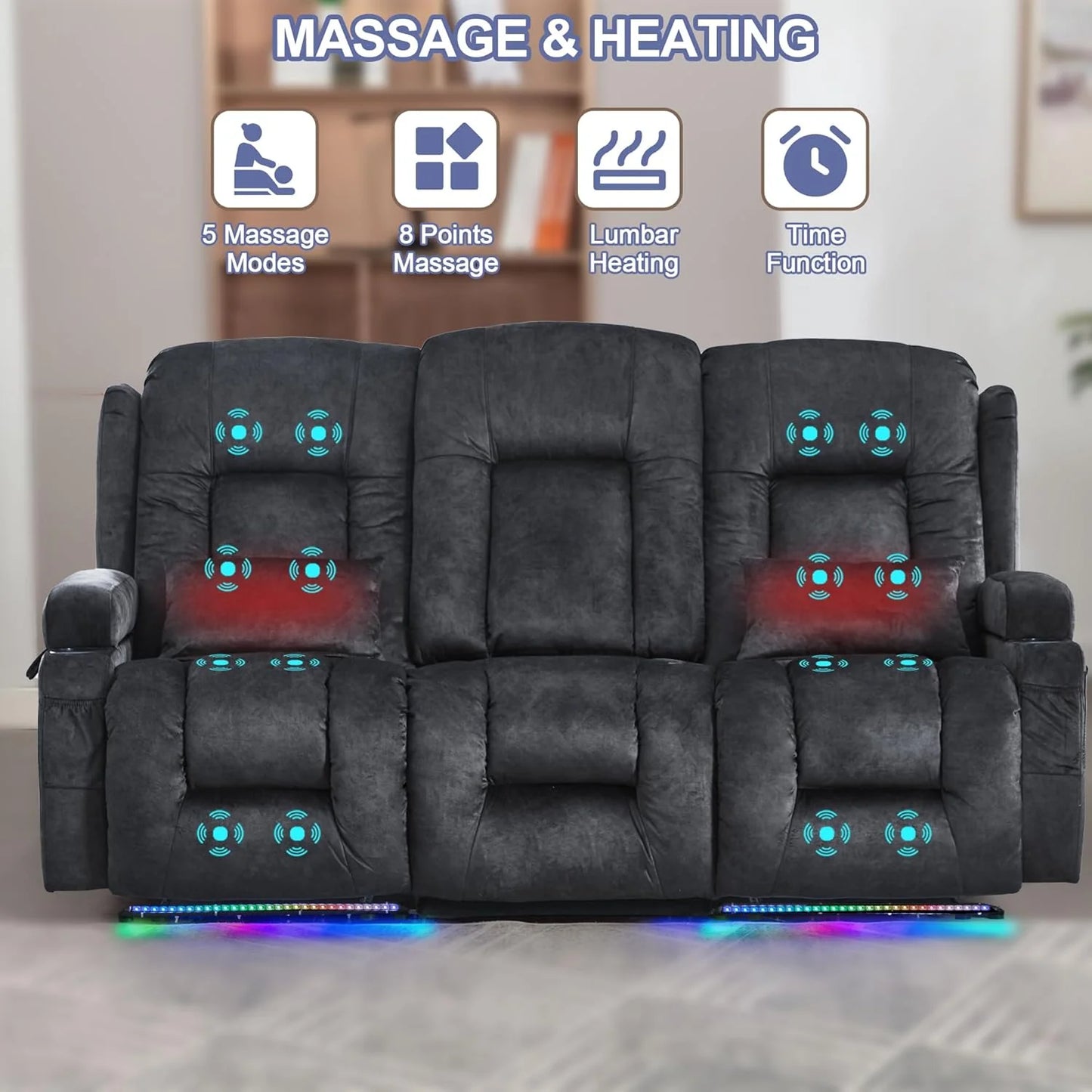 TUNYI Power Loveseat Recliner Sofa with Massage & Heat Home Theater Seating with Console Electric Recliner RV Sofa with USB/Outlet/Storage/Side Pocket/LED Light/Speaker (Brown, Loveseat)