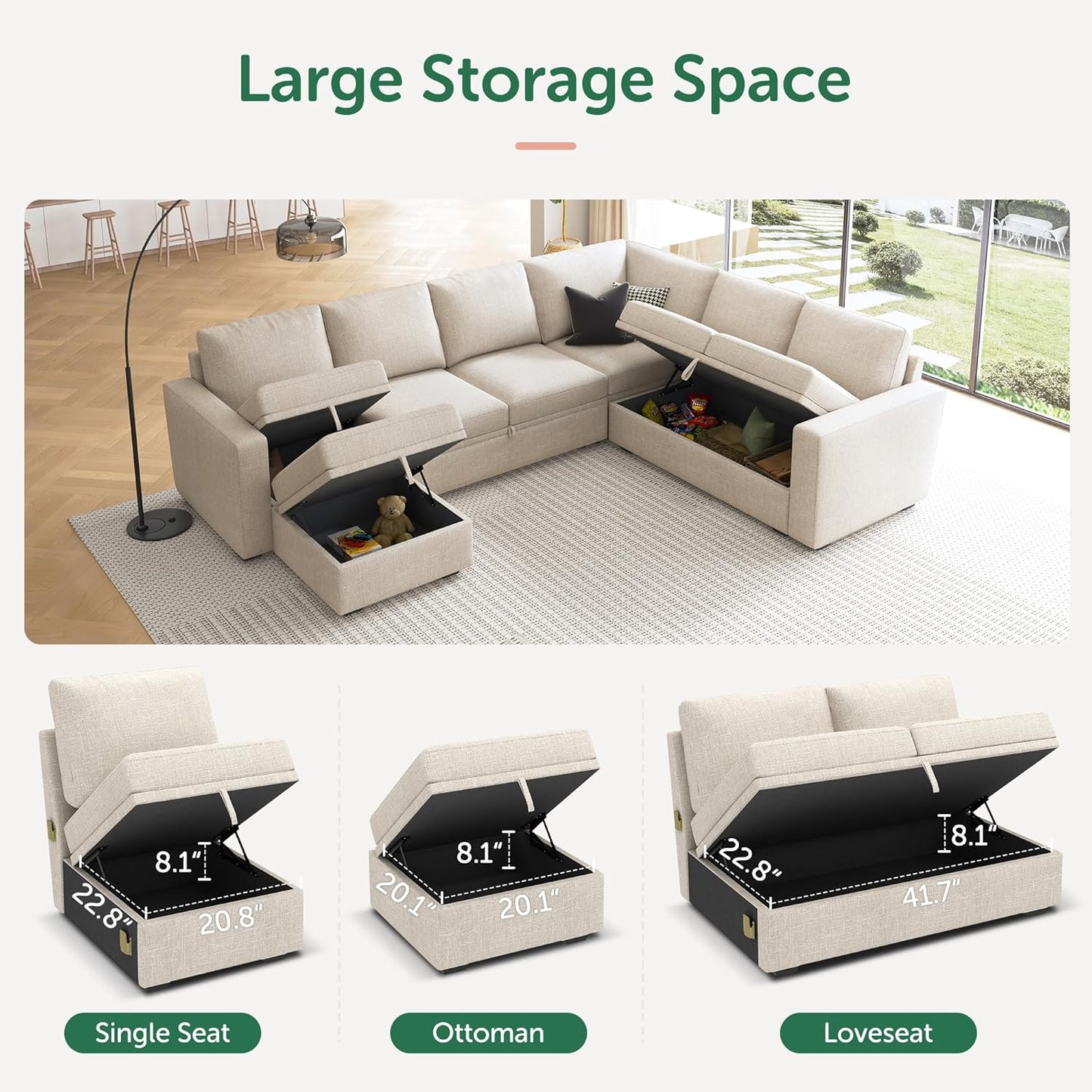 HONBAY Modular Sectional Sleeper Sofa with Pull Out Bed, L Shaped Couch with Storage Seat, Convertible Sectional Couches for Living Room