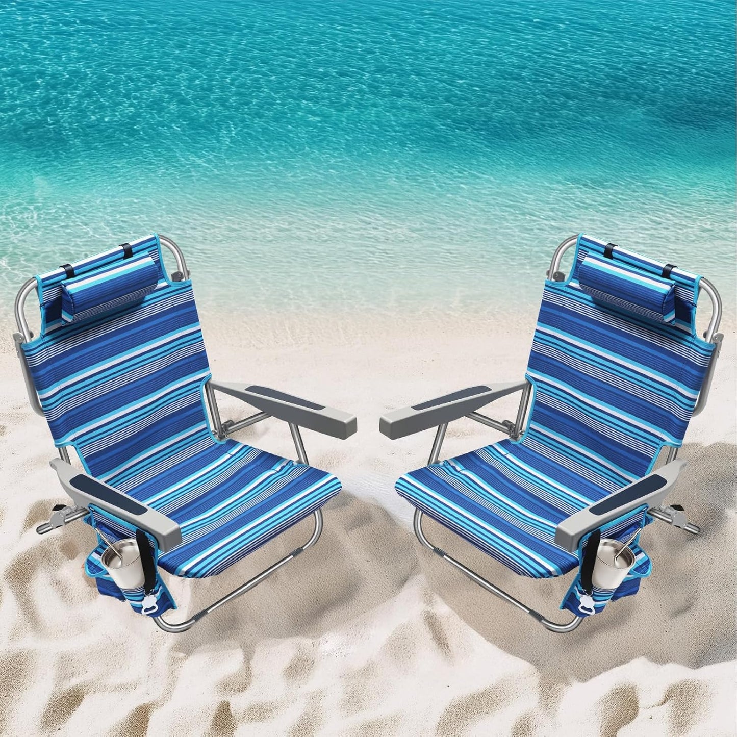 5-Position Aluminum Lay Flat Tall Backpack Beach Chairs 2 Pack Compact Portable Beach Chairs for Adults with Cooler Pouch, Storage Pouch, Towel Bar, Cup Holder & Phone Holder, Blue Stripe