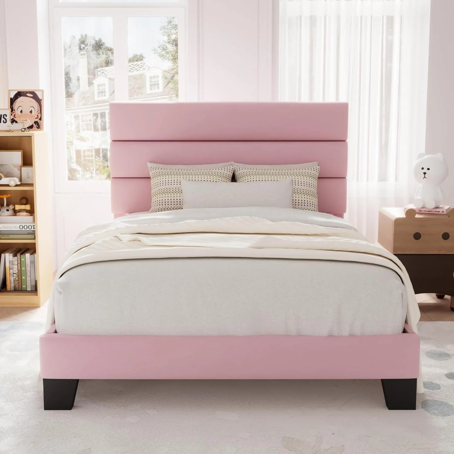 Allewie Queen Size Platform Bed Frame with Fabric Upholstered Headboard and Wooden Slats Support, Fully Upholstered Mattress Foundation/No Box Spring Needed