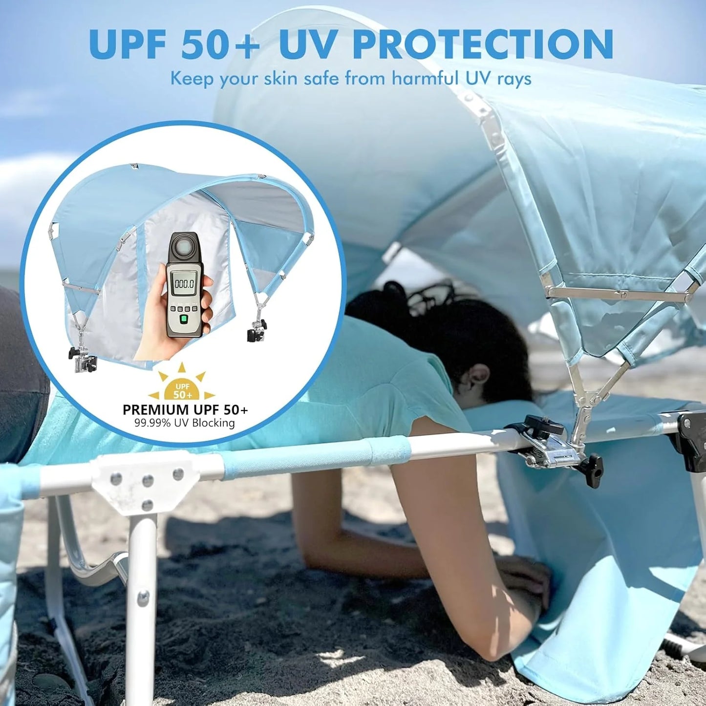 Tanning Chair with Sun Canopy Face Hole, Heavy Duty Folding Chaise Lounge Chair 5 Position Reclining for Adults Outside Reading Sunbathing Poolside Camping Beach, UPF 50+ Sun Shade, 300 LBS