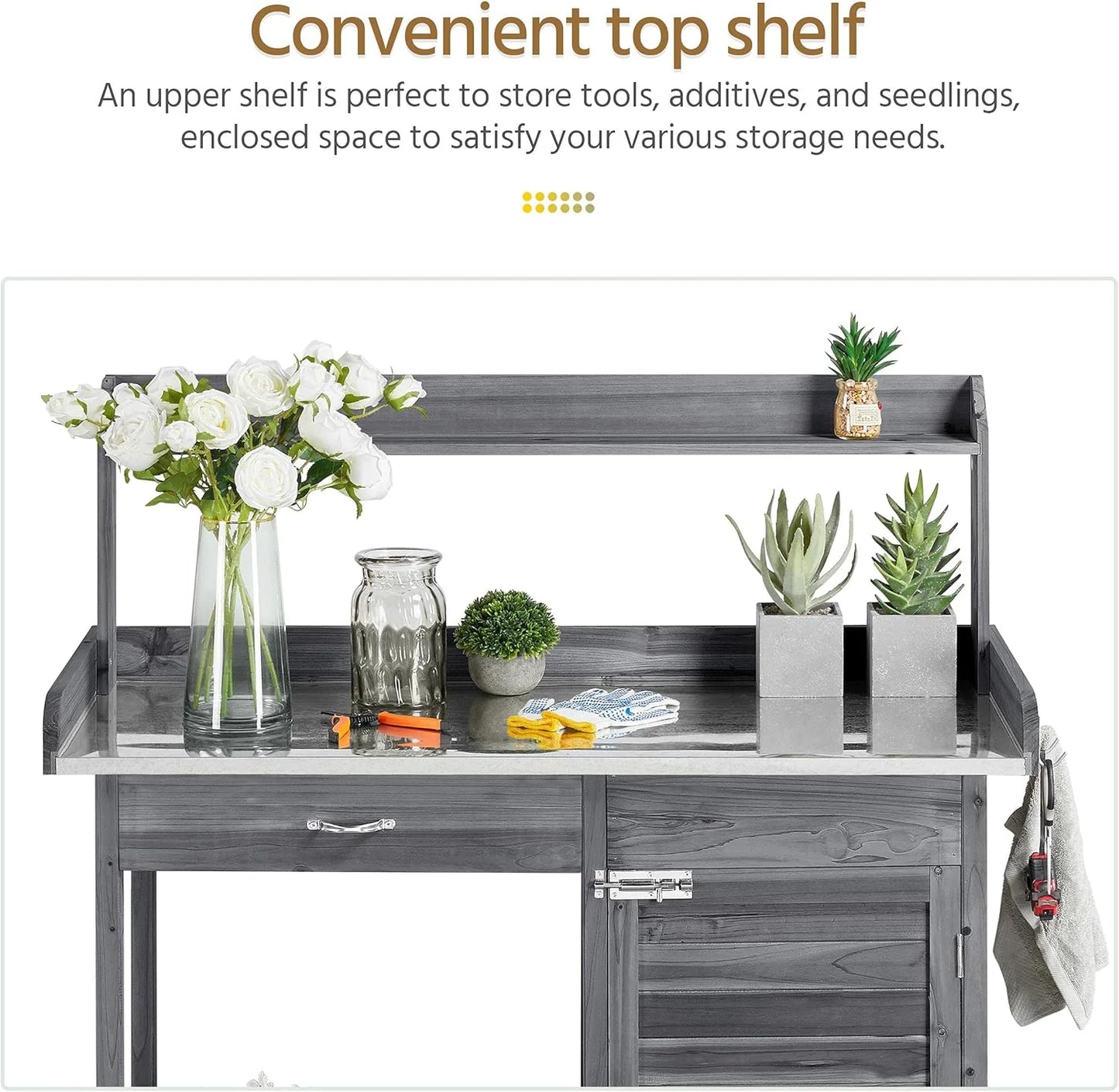 Yaheetech Outdoor Garden Potting Bench Table Work Bench Metal Tabletop W/Cabinet Drawer Open Shelf Natural Wood