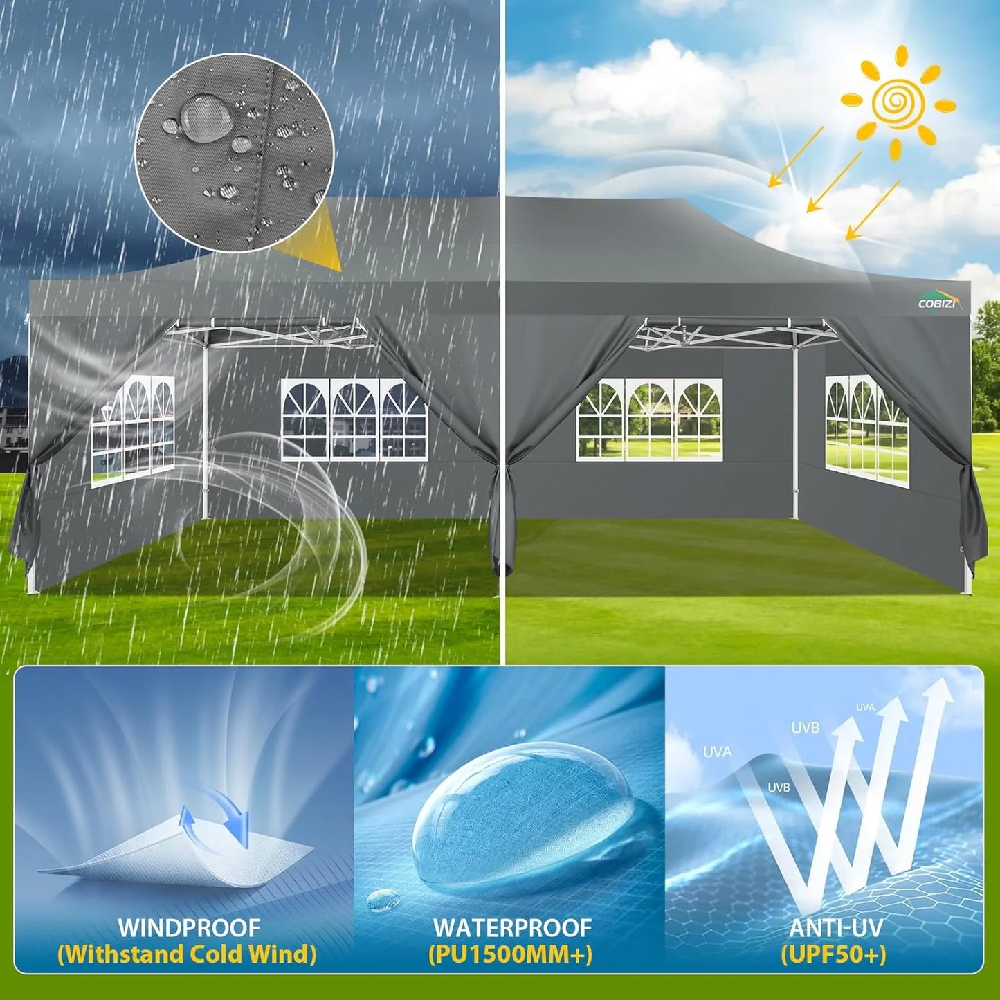 COBIZI 10x20 Heavy Duty Pop up Canopy Tent with 6 sidewalls Easy Up Commercial Outdoor Canopy Wedding Party Tents for Parties All Season Wind & Waterproof Gazebo with Roller Bag,Black(Frame Thickened)