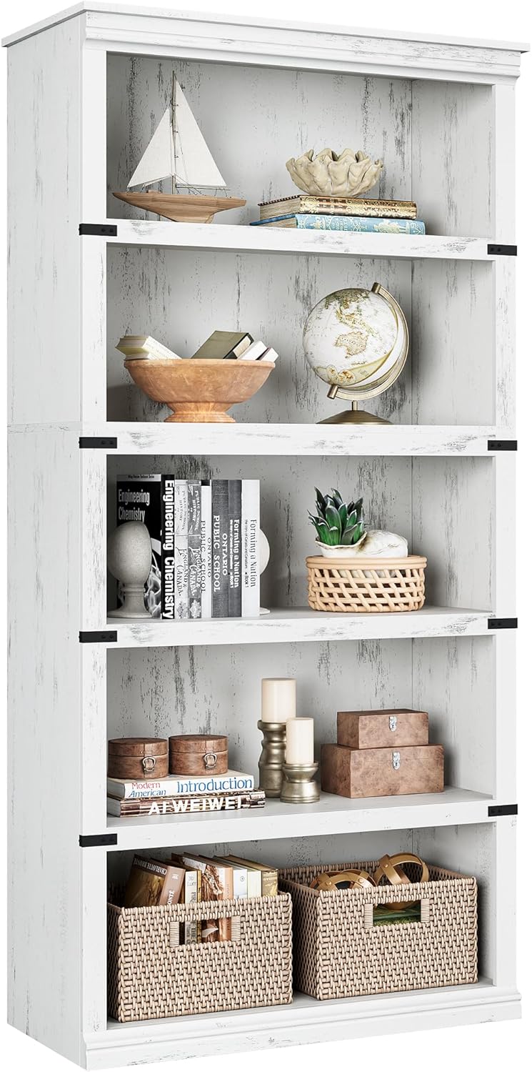 5 Tier Bookcase Farmhouse Book Shelf with Storage Open Display Bookshelves
