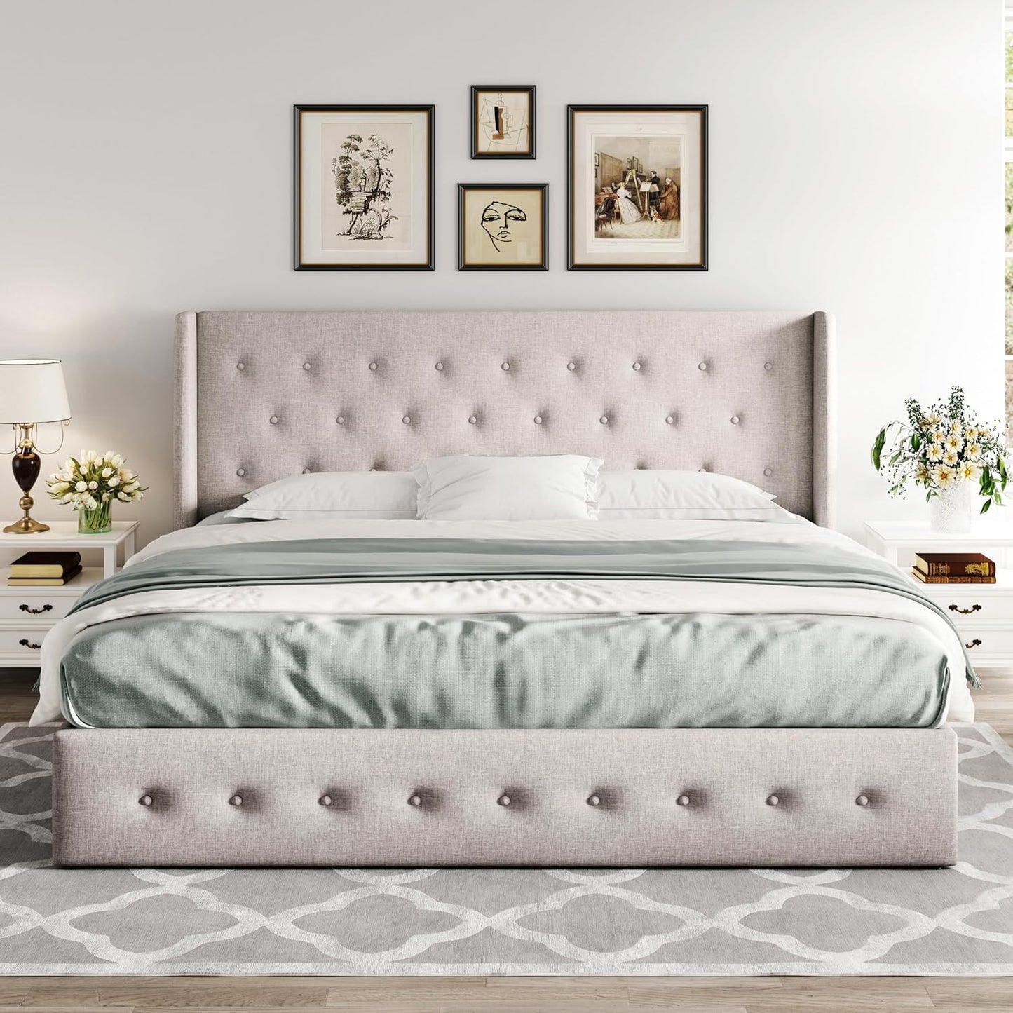 Allewie Queen Size Lift Up Storage Bed, Modern Wingback Headboard, Hydraulic Support, No Box Spring Needed, Light Beige