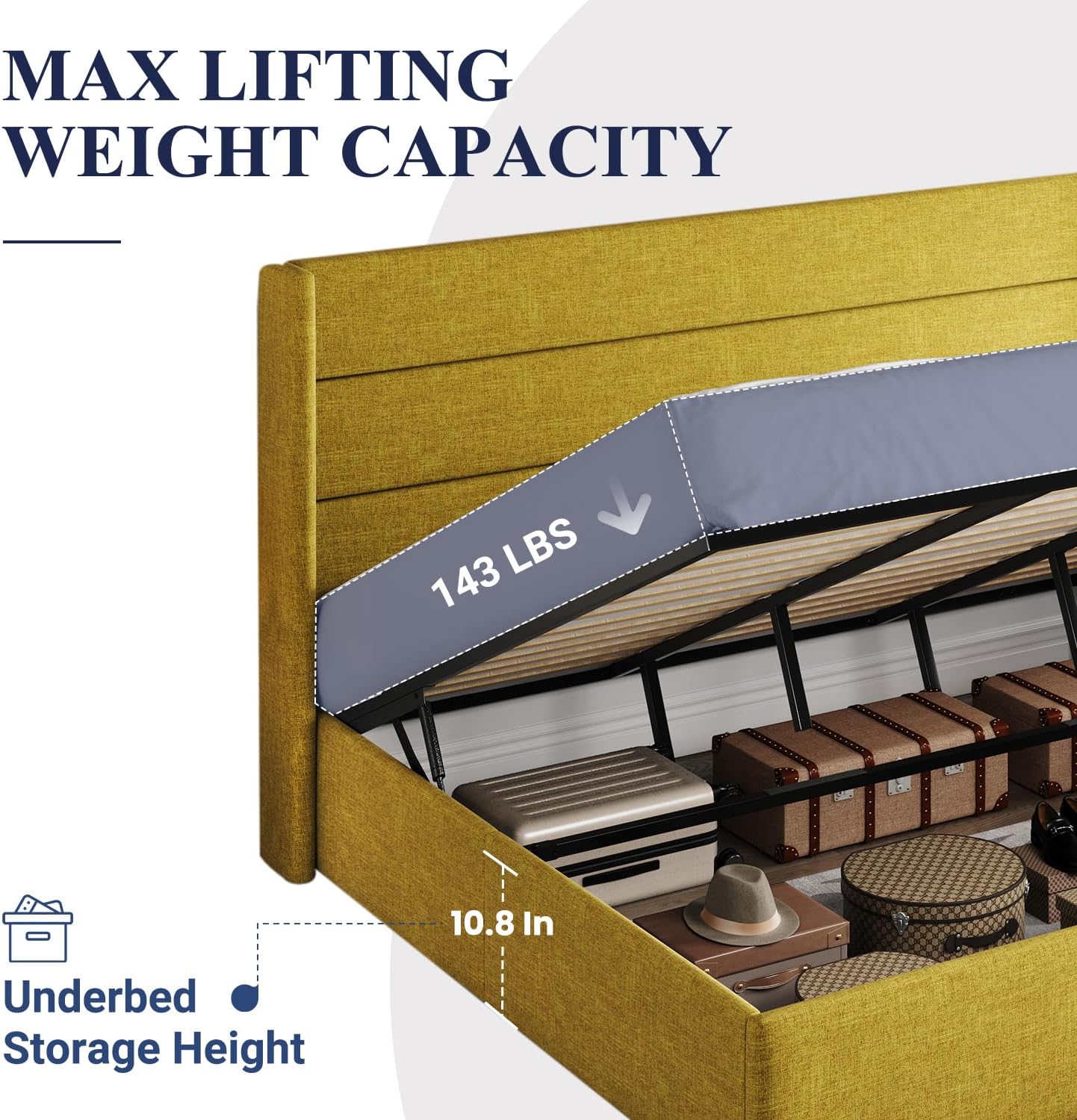 Allewie Queen Size Lift Up Storage Bed, Modern Wingback Headboard, Hydraulic Support, No Box Spring Needed, Light Beige