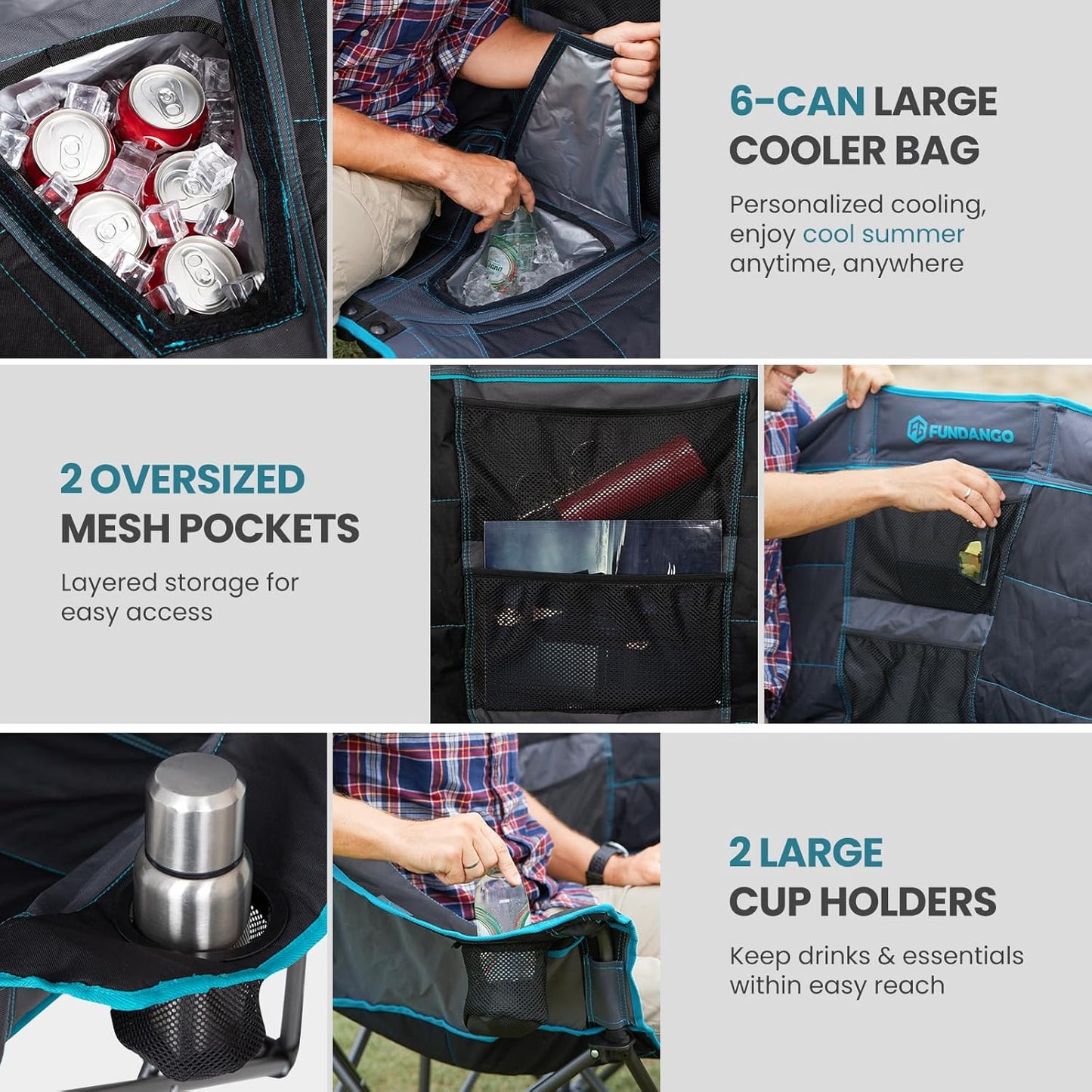 Double Camping Chair with Cooler 3-Person Folding Extra Large Camping Chair with 1000-Pound Load Capacity